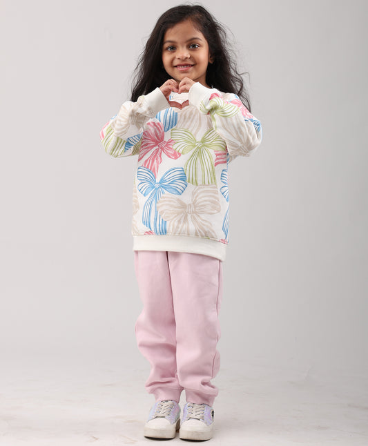 PAINTED BOW GIRLS SWEATSHIRT PINK FLEECE JOGGER SET - WHITE/PINK
