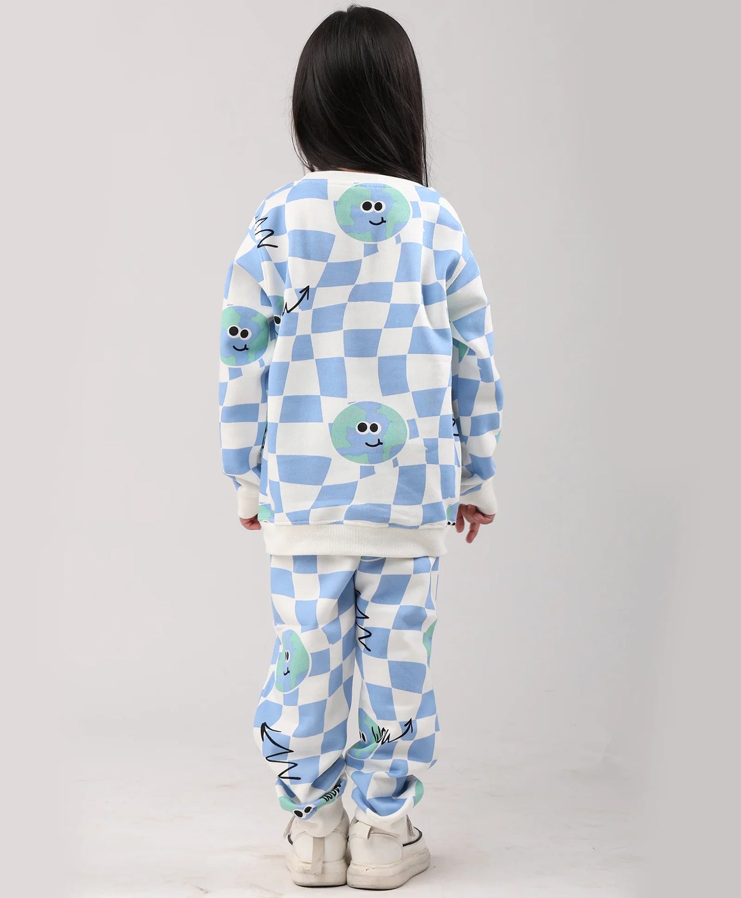 GLOBE CHECK GIRLS FLEECE SWEATSHIRT JOGGER SET - BLUE