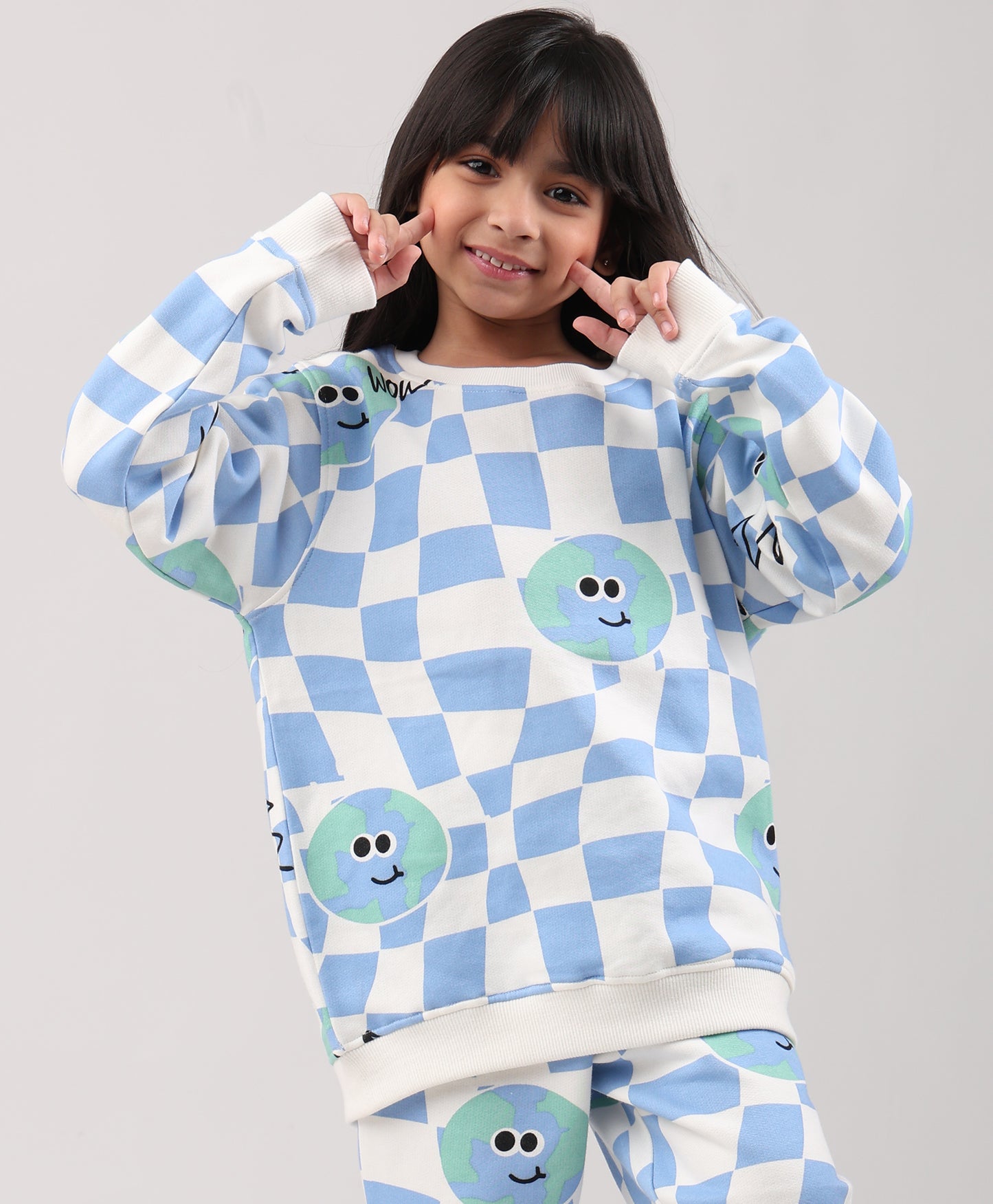 GLOBE CHECK GIRLS FLEECE SWEATSHIRT - BLUE