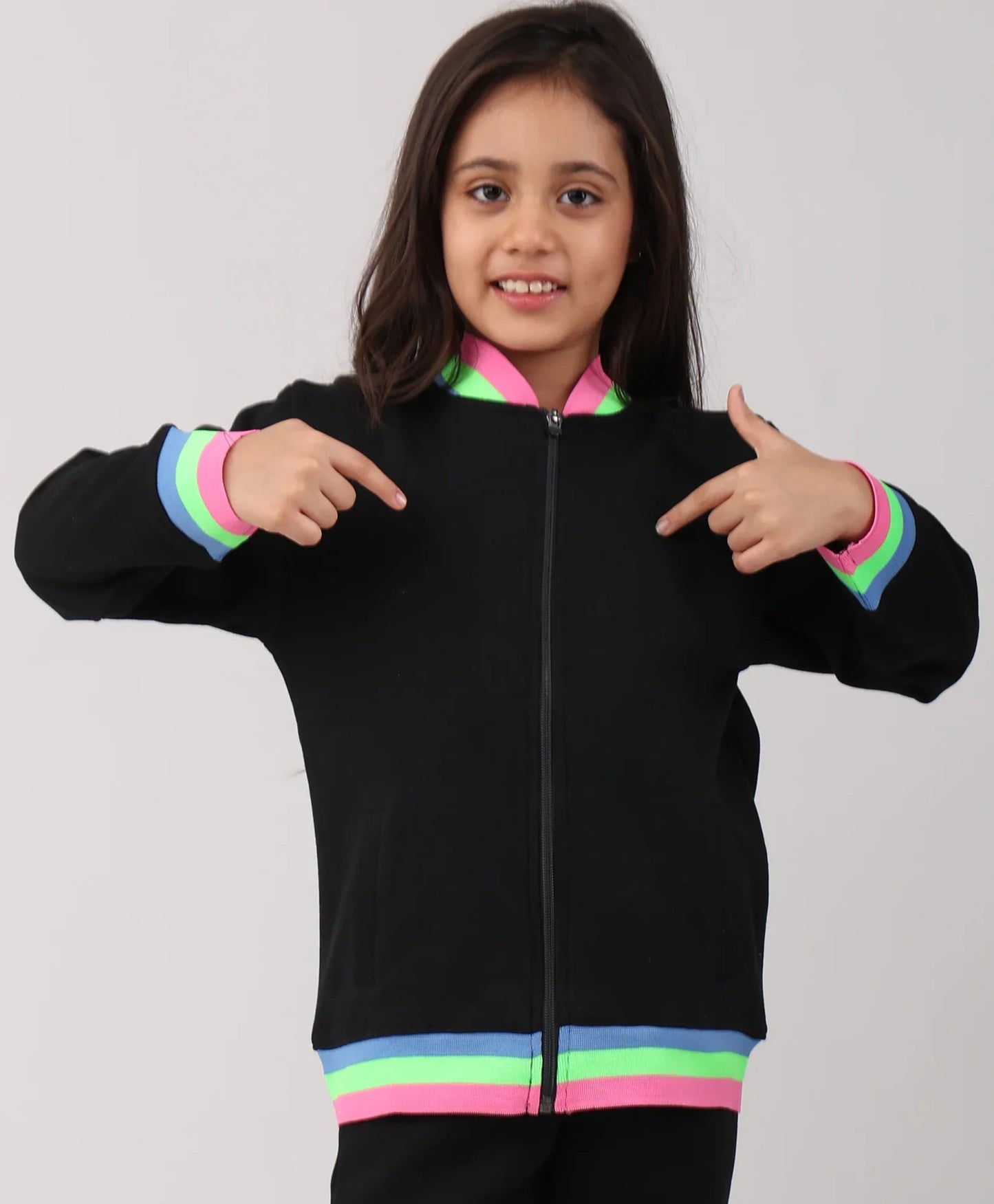 PINK NEON RIB ZIPPER GIRLS FLEECE SWEATSHIRT - BLACK