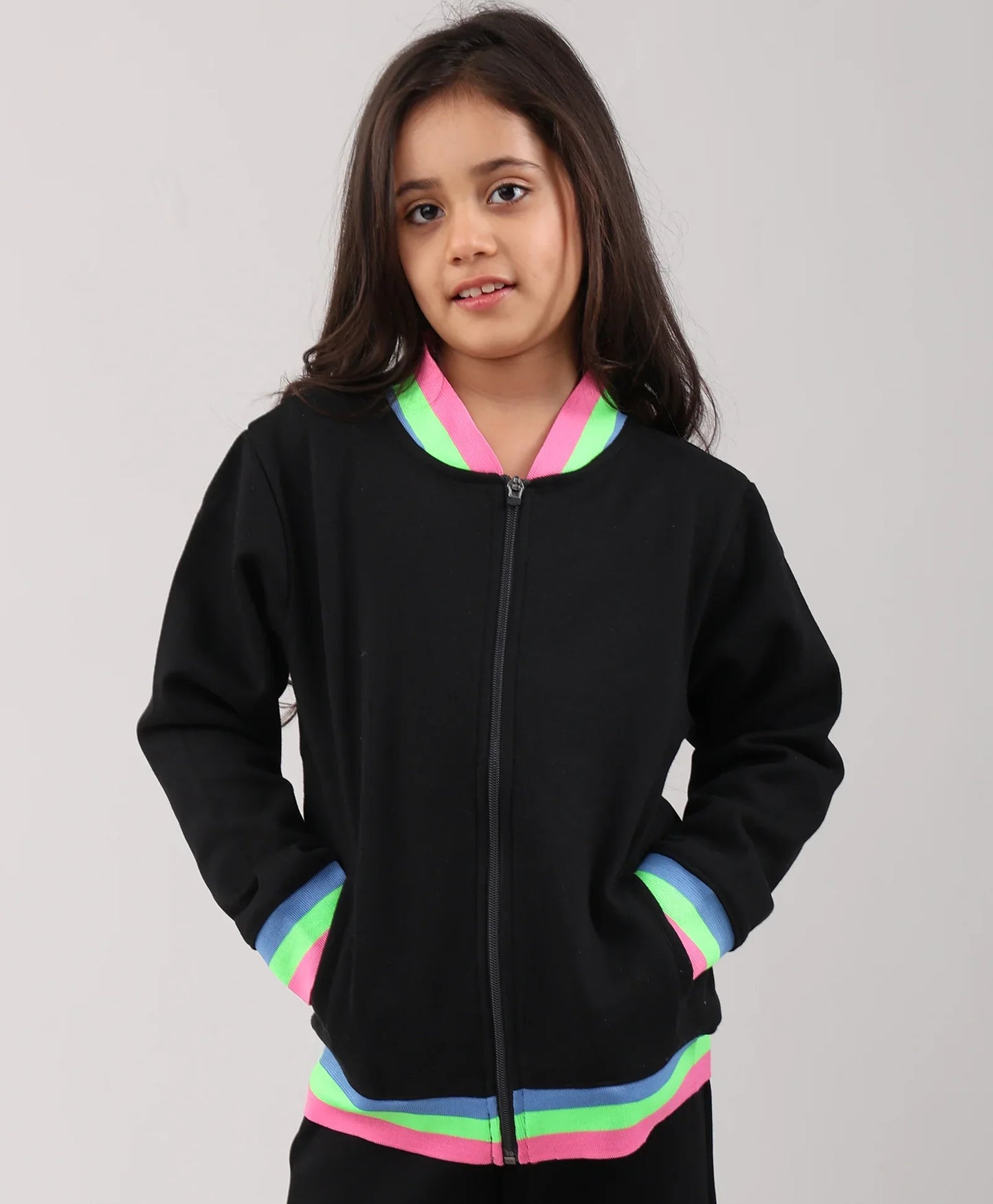 PINK NEON RIB ZIPPER GIRLS FLEECE SWEATSHIRT - BLACK