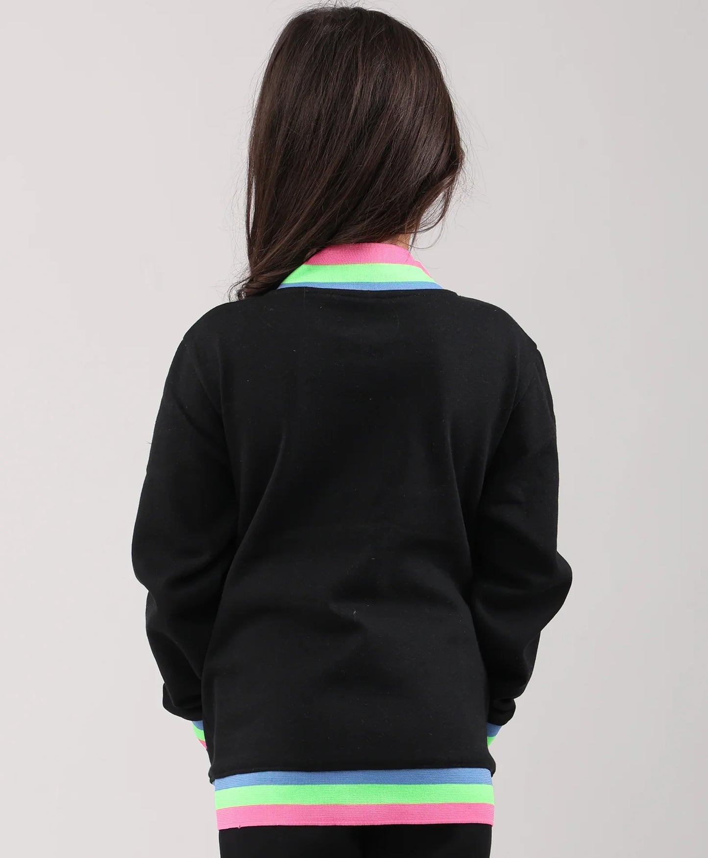 PINK NEON RIB ZIPPER GIRLS FLEECE SWEATSHIRT - BLACK