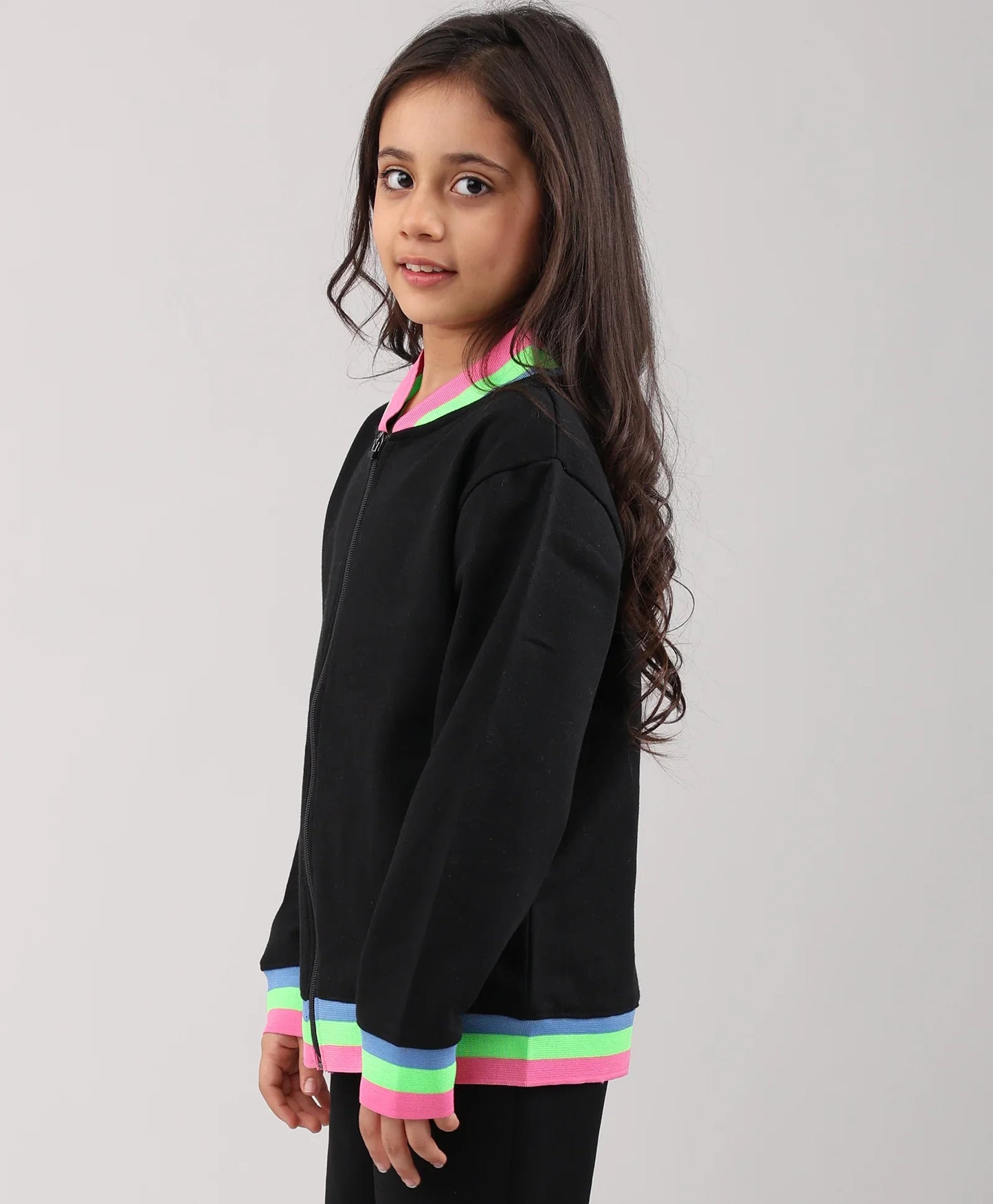 PINK NEON RIB ZIPPER GIRLS FLEECE SWEATSHIRT - BLACK