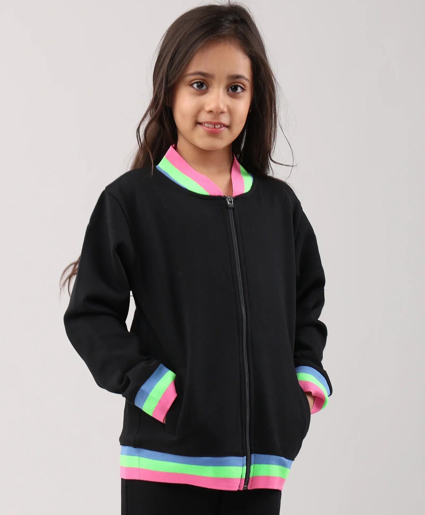 PINK NEON RIB ZIPPER GIRLS FLEECE SWEATSHIRT - BLACK