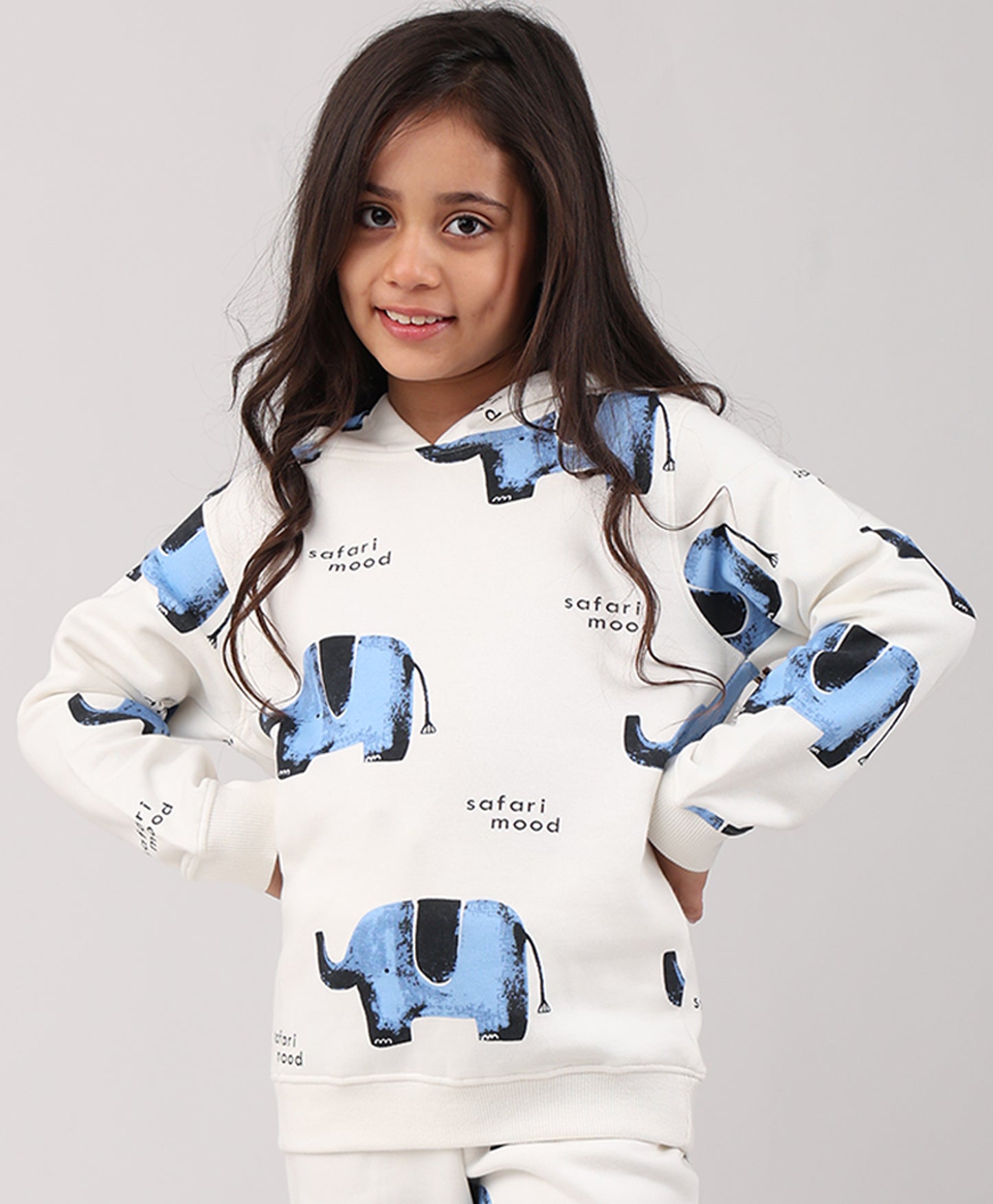 ELEPHANT SAFARI GIRLS FLEECE HOODIE - WHITE