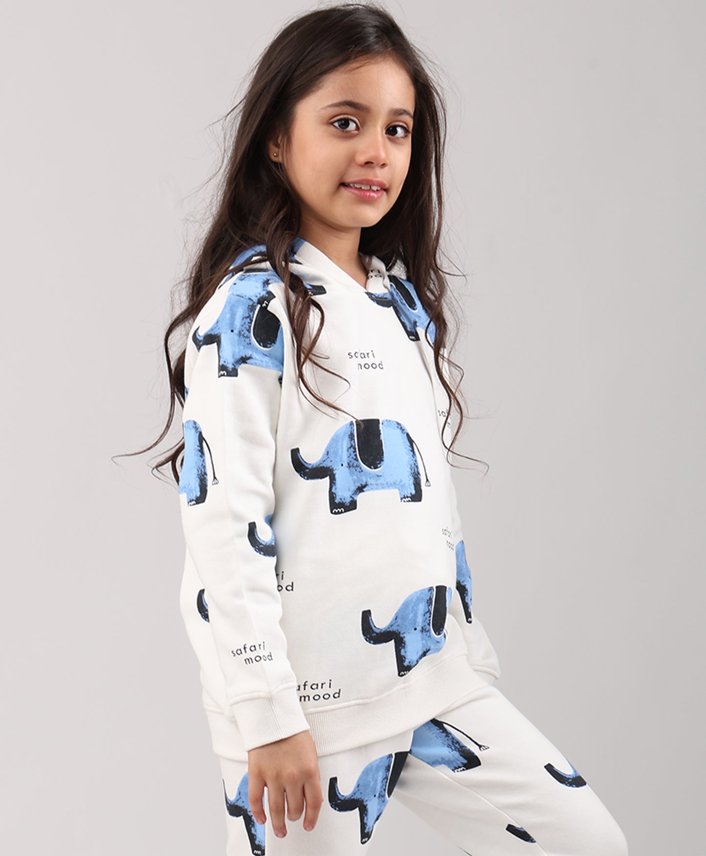 ELEPHANT SAFARI GIRLS FLEECE HOODIE - WHITE
