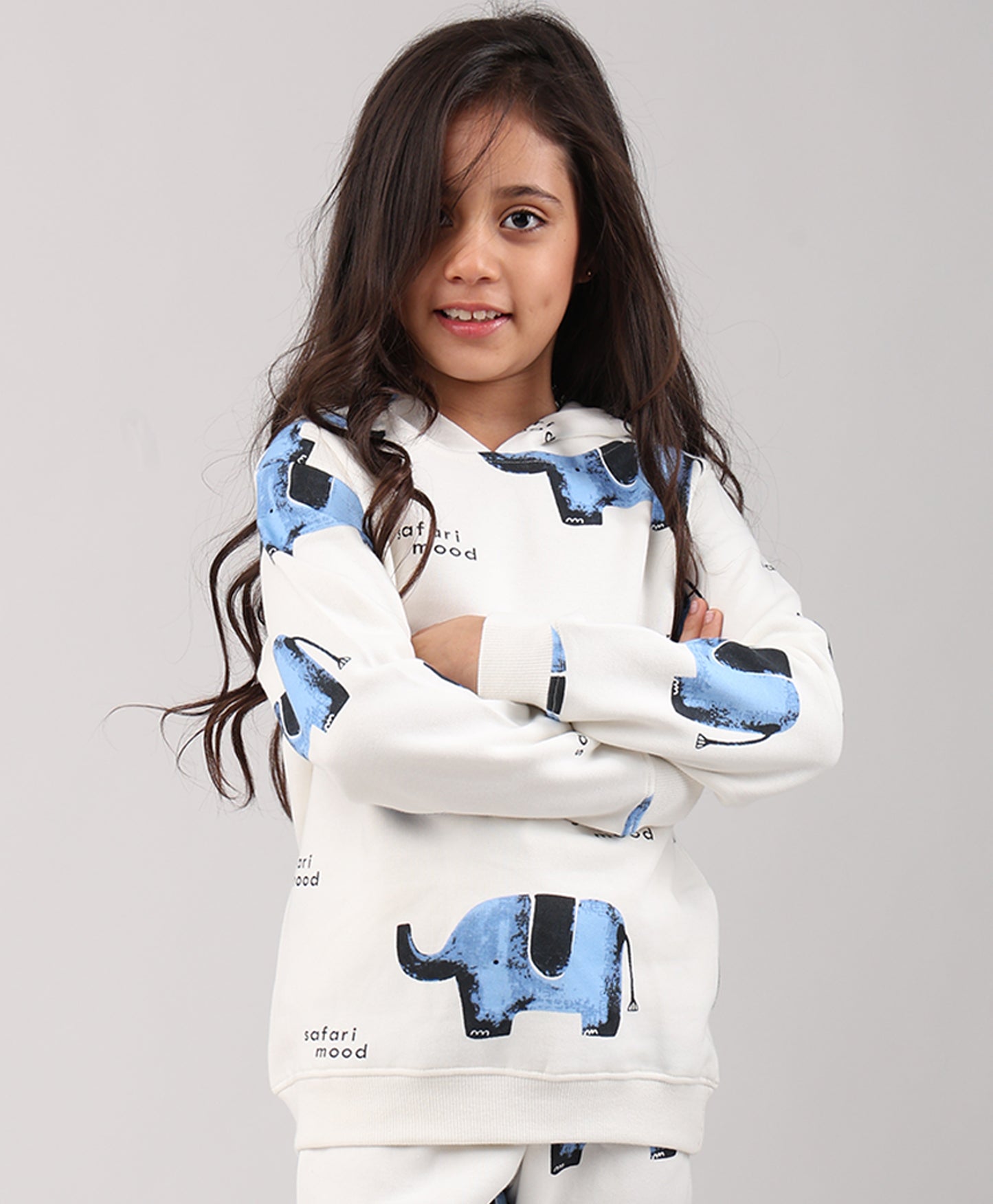ELEPHANT SAFARI GIRLS FLEECE HOODIE - WHITE