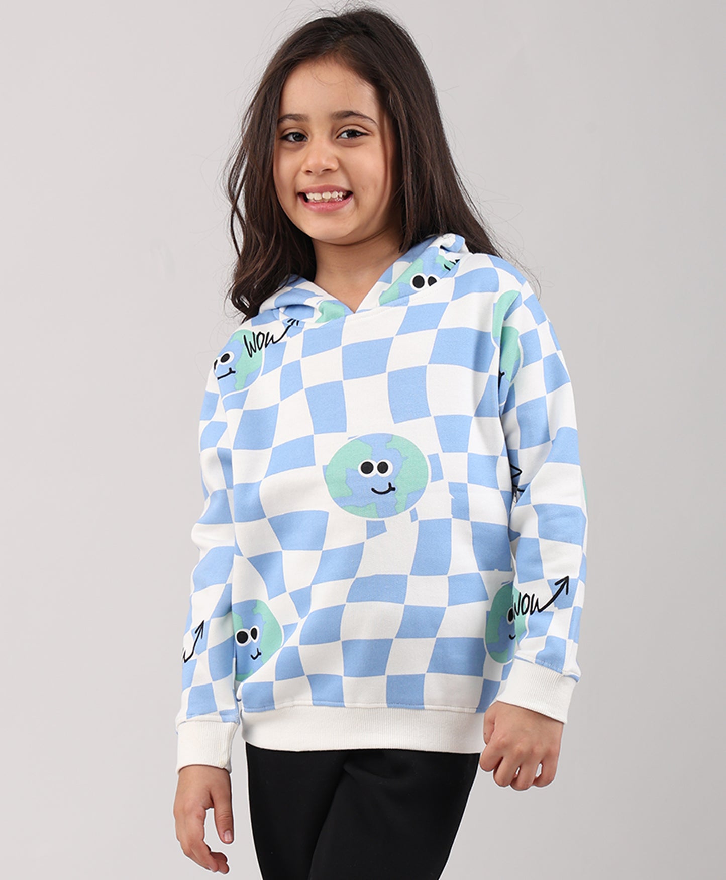 GLOBE CHECK GIRLS FLEECE HOODIE - BLUE