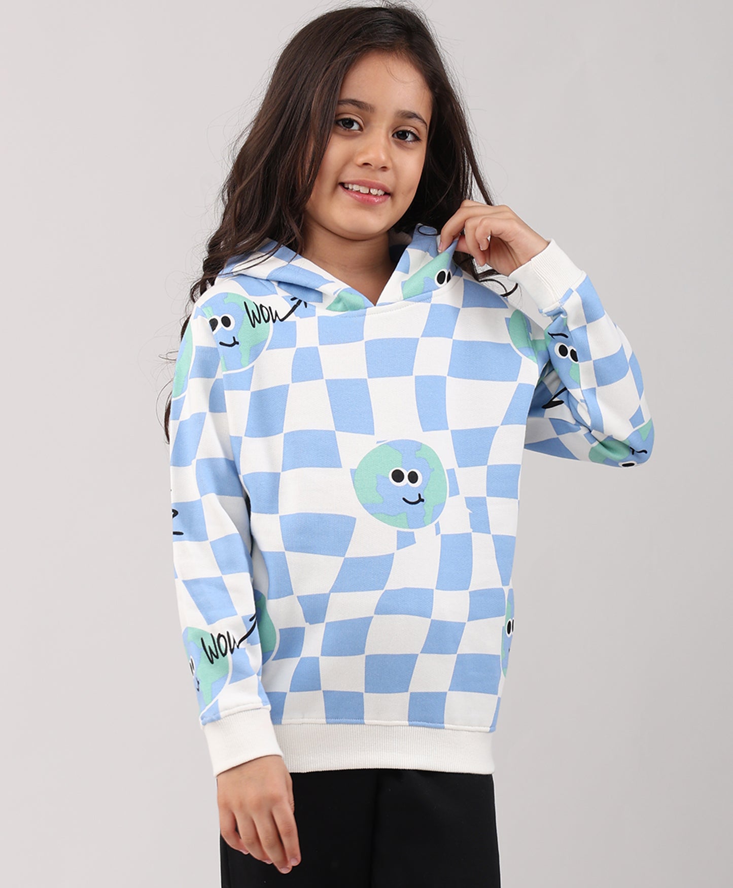 GLOBE CHECK GIRLS FLEECE HOODIE - BLUE