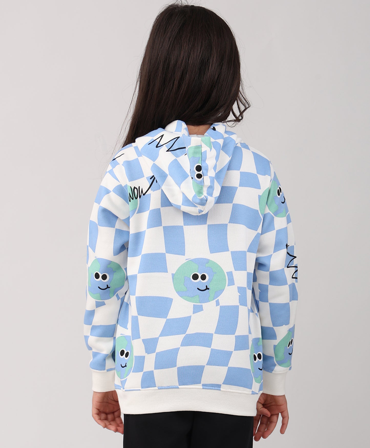 GLOBE CHECK GIRLS FLEECE HOODIE - BLUE