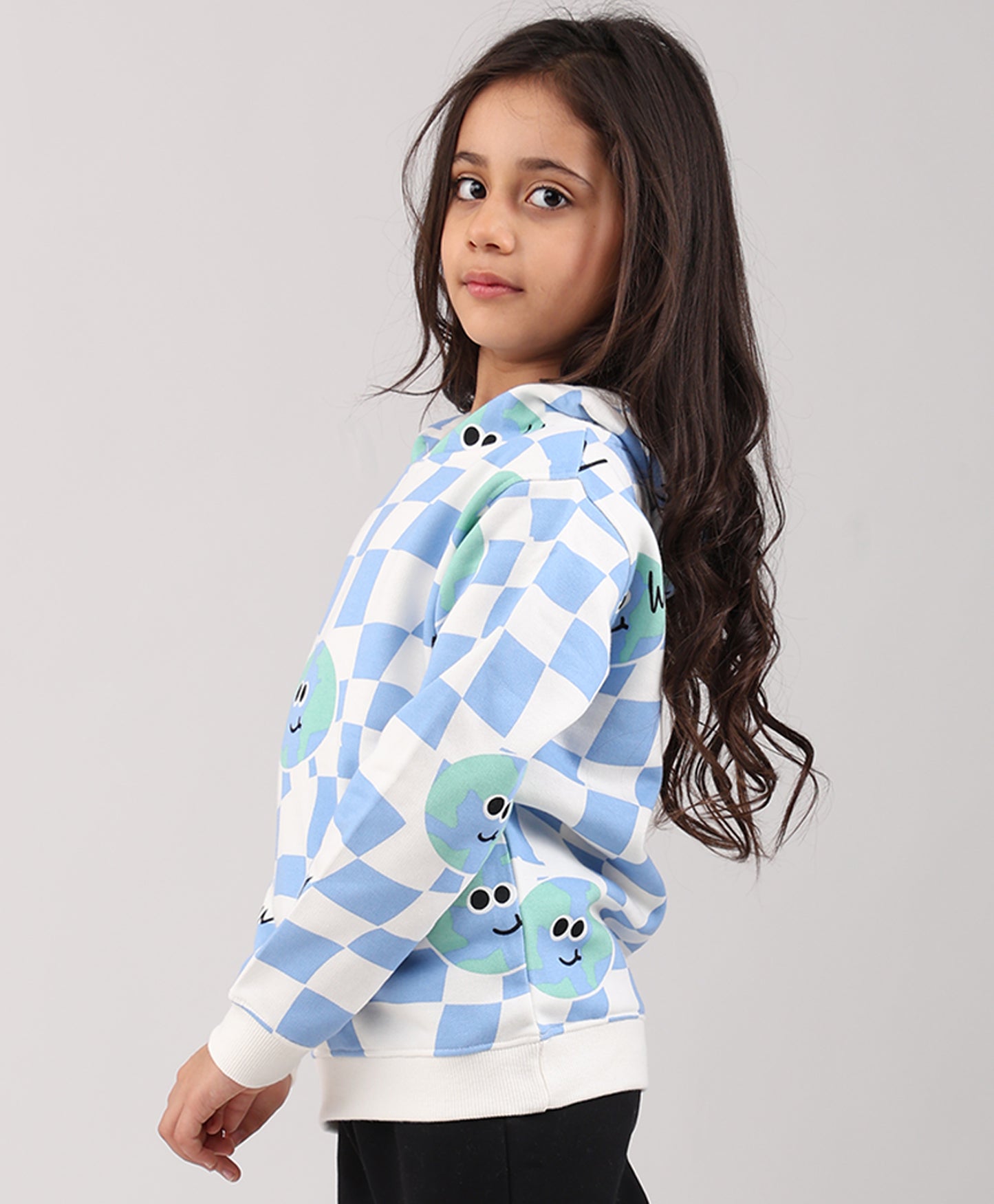 GLOBE CHECK GIRLS FLEECE HOODIE - BLUE