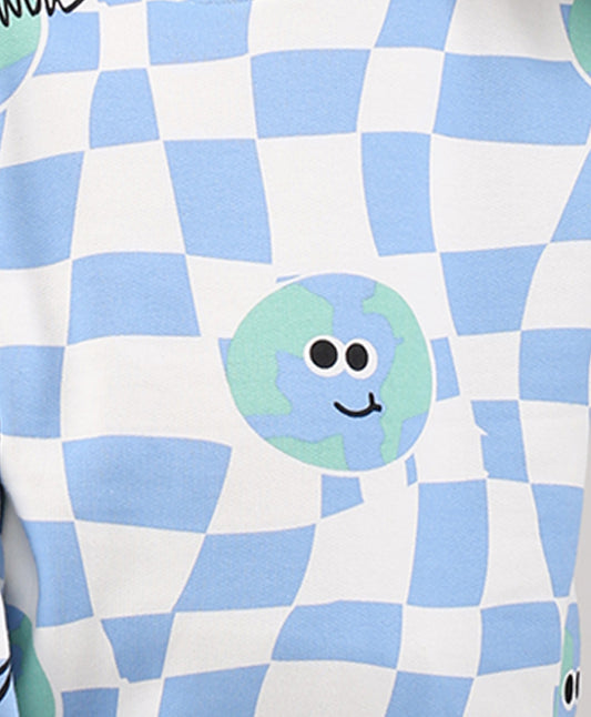 GLOBE CHECK GIRLS FLEECE HOODIE - BLUE