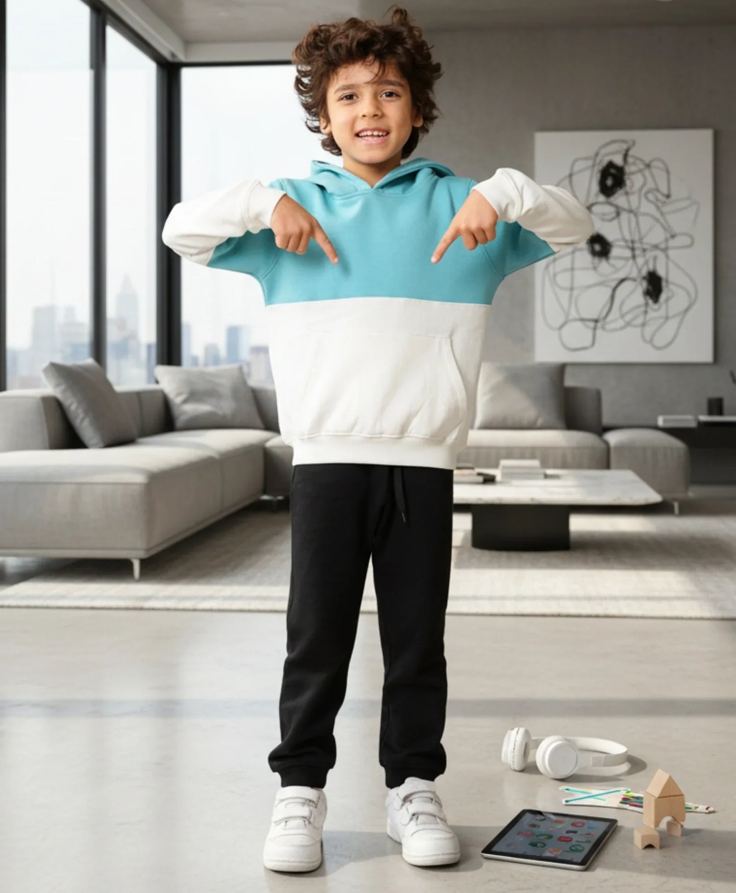 OIL GREEN WHITE COLOR BLOCK HOODIE BLACK JOGGER SET - OIL GREEN/BLACK