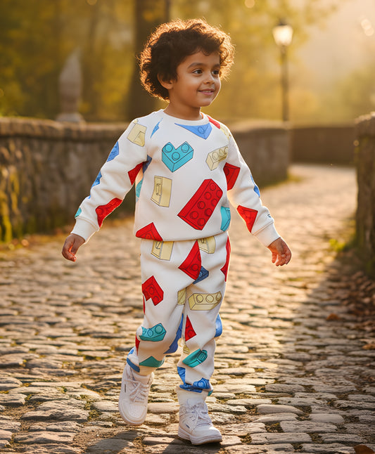 BLOCK BUILDER FLEECE BOYS SWEATSHIRT JOGGER SET - OFF WHITE