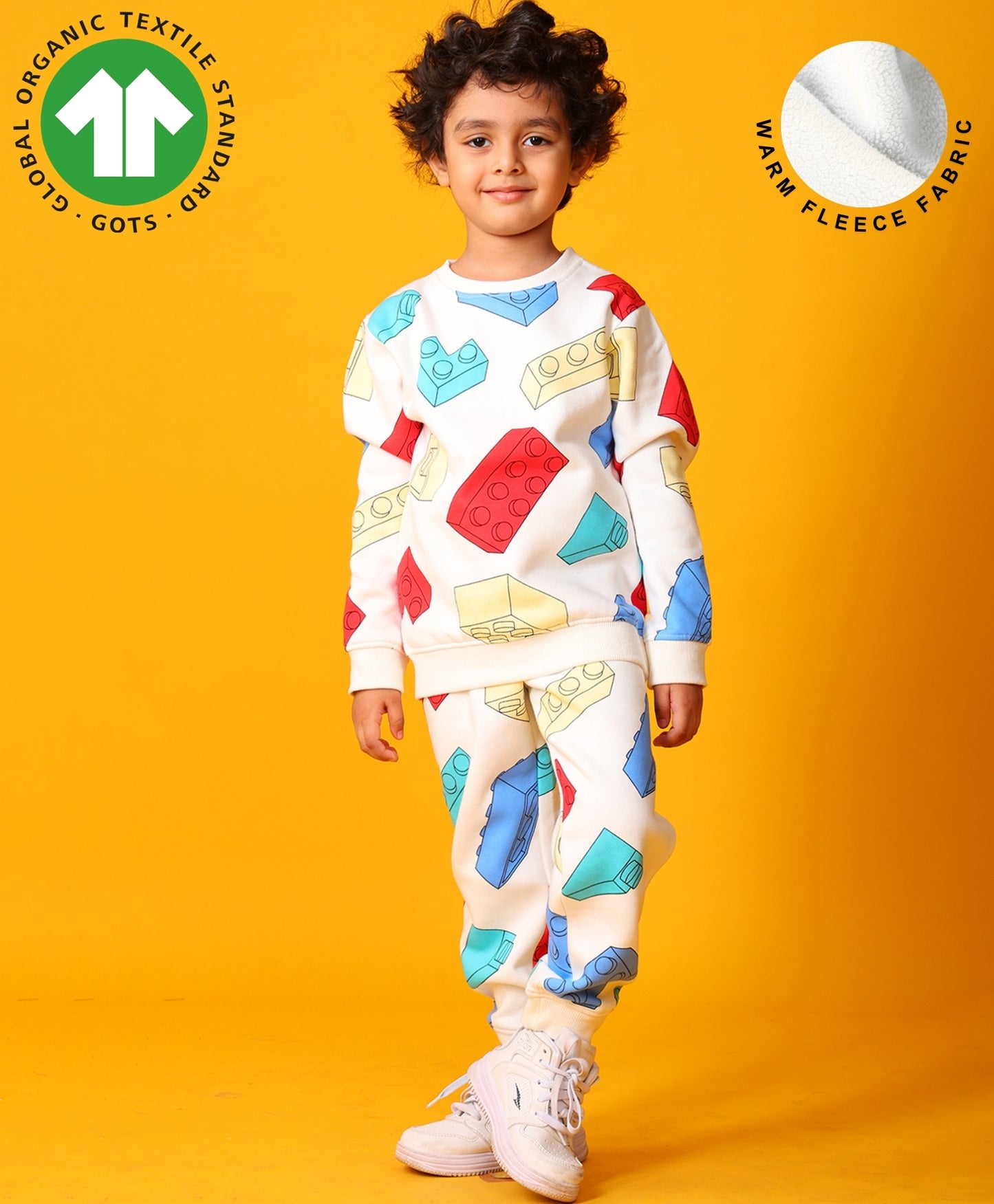 BLOCK BUILDER FLEECE BOYS SWEATSHIRT JOGGER SET - OFF WHITE