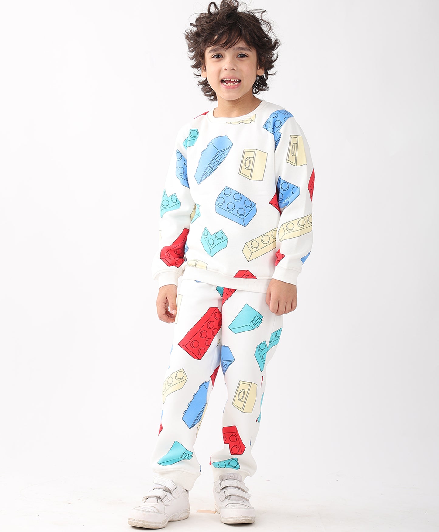 BLOCK BUILDER FLEECE BOYS SWEATSHIRT JOGGER SET - OFF WHITE