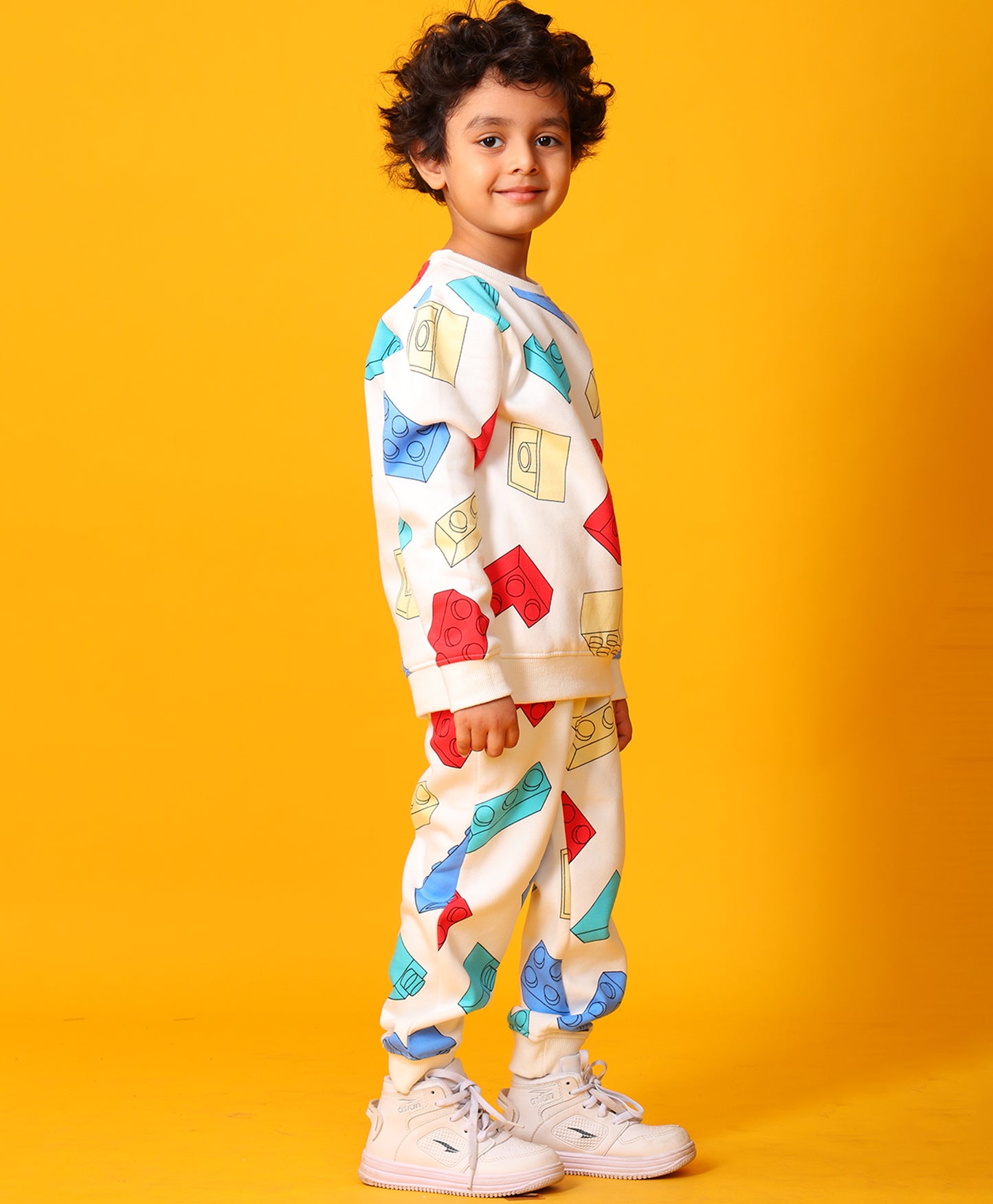 BLOCK BUILDER FLEECE BOYS SWEATSHIRT JOGGER SET - OFF WHITE