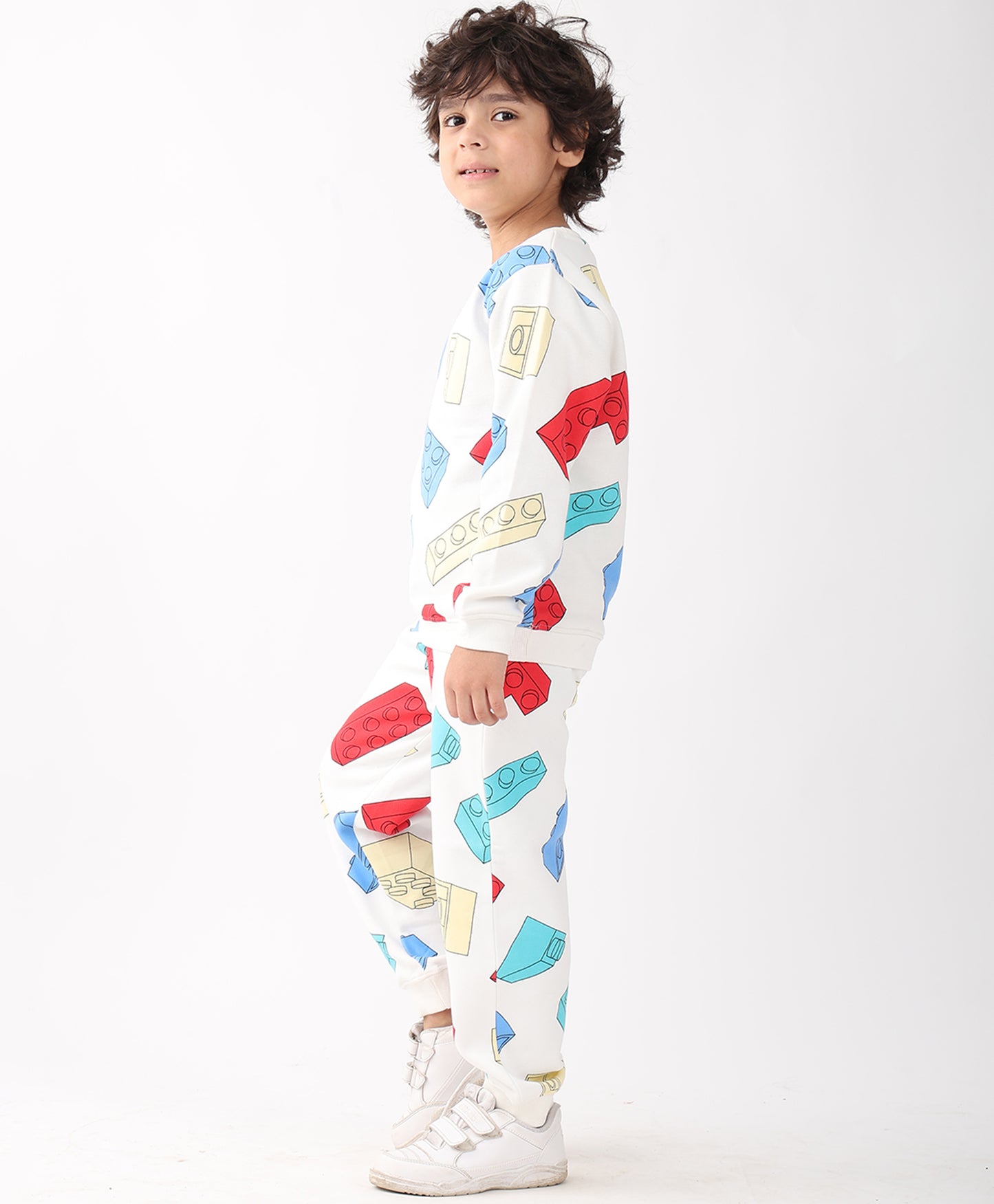 BLOCK BUILDER FLEECE BOYS SWEATSHIRT JOGGER SET - OFF WHITE