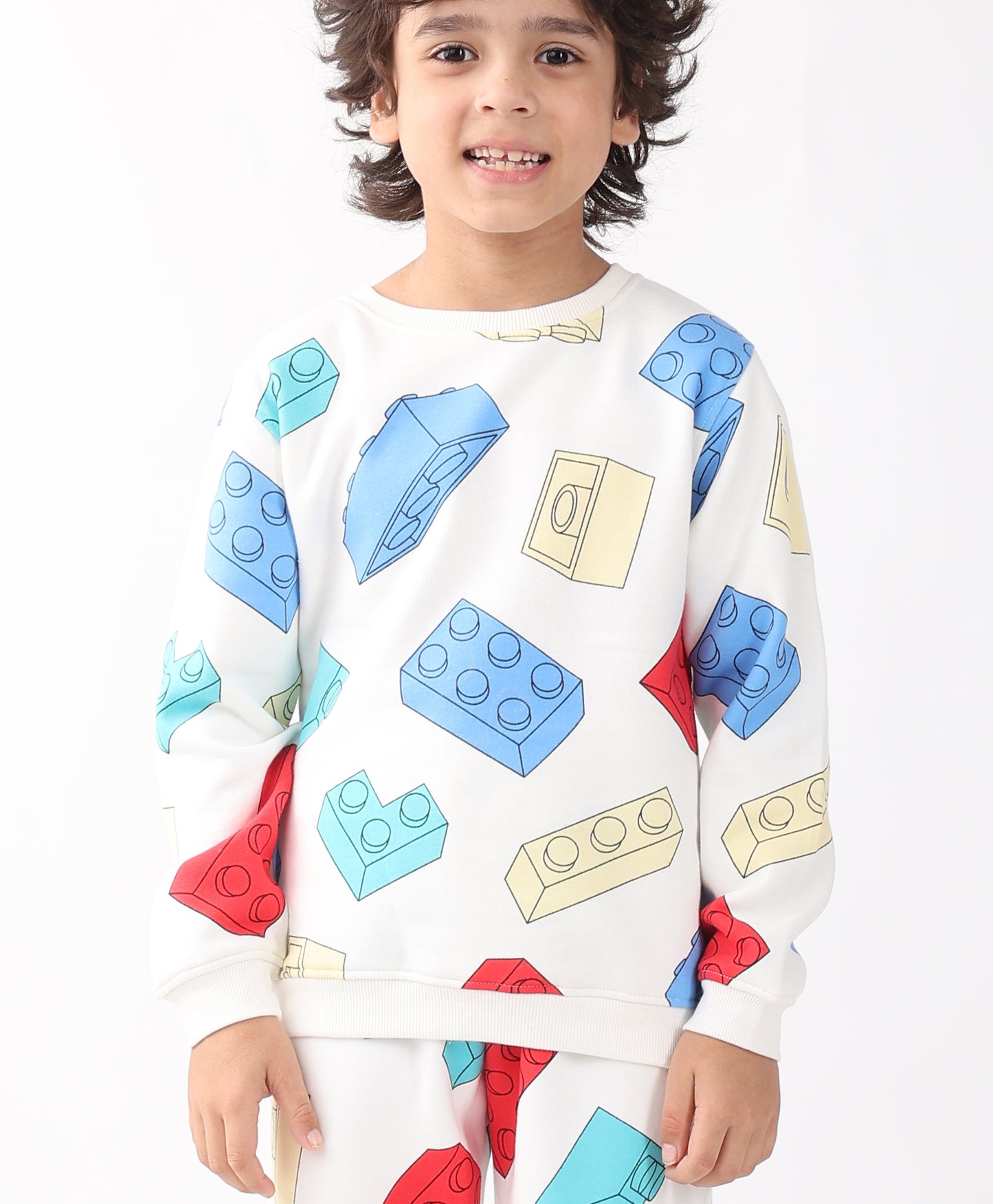 BLOCK BUILDER FLEECE BOYS SWEATSHIRT JOGGER SET - OFF WHITE