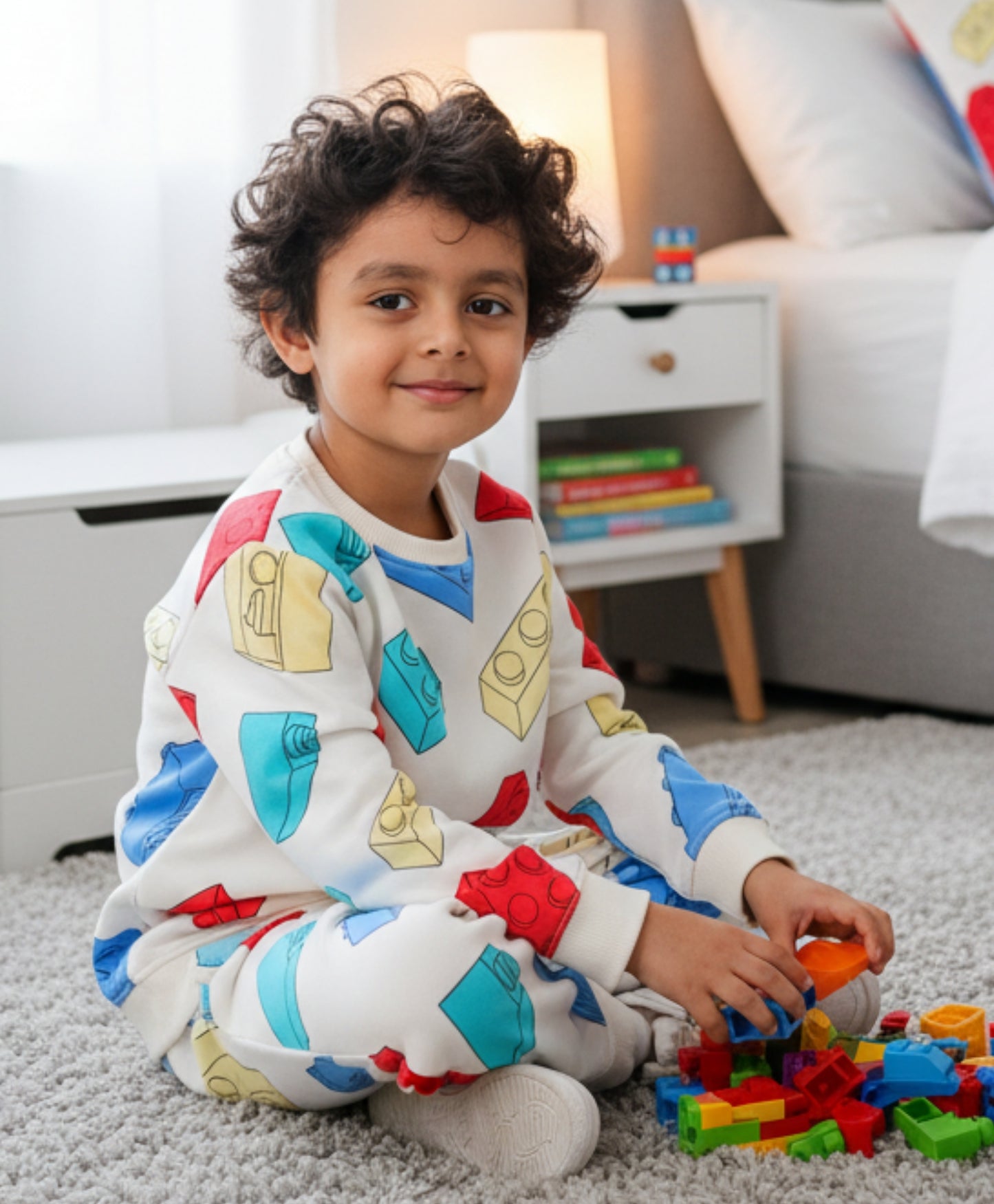 BLOCK BUILDER FLEECE BOYS SWEATSHIRT JOGGER SET - OFF WHITE