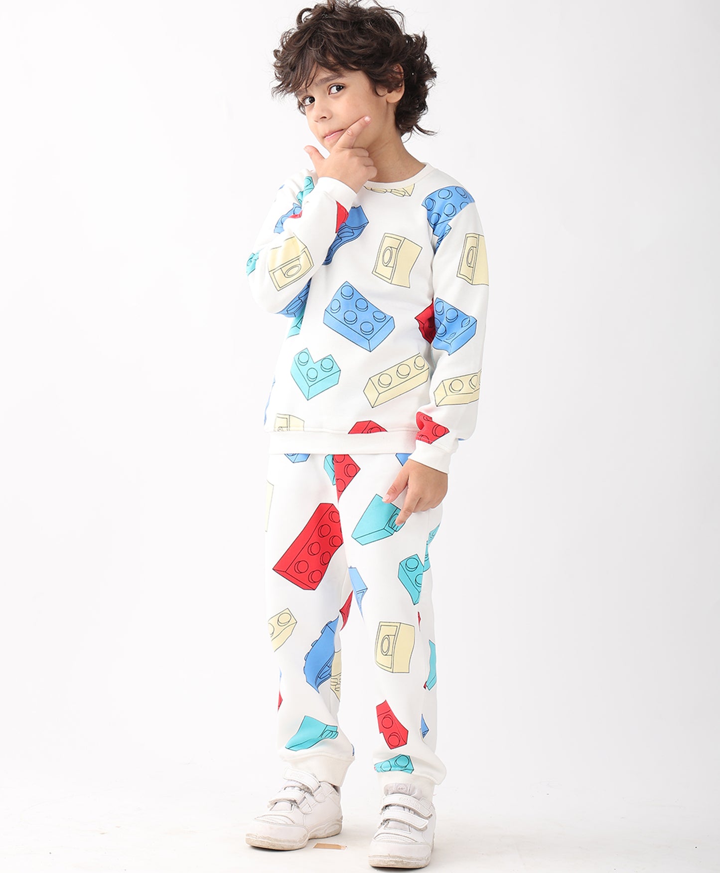BLOCK BUILDER FLEECE BOYS SWEATSHIRT JOGGER SET - OFF WHITE