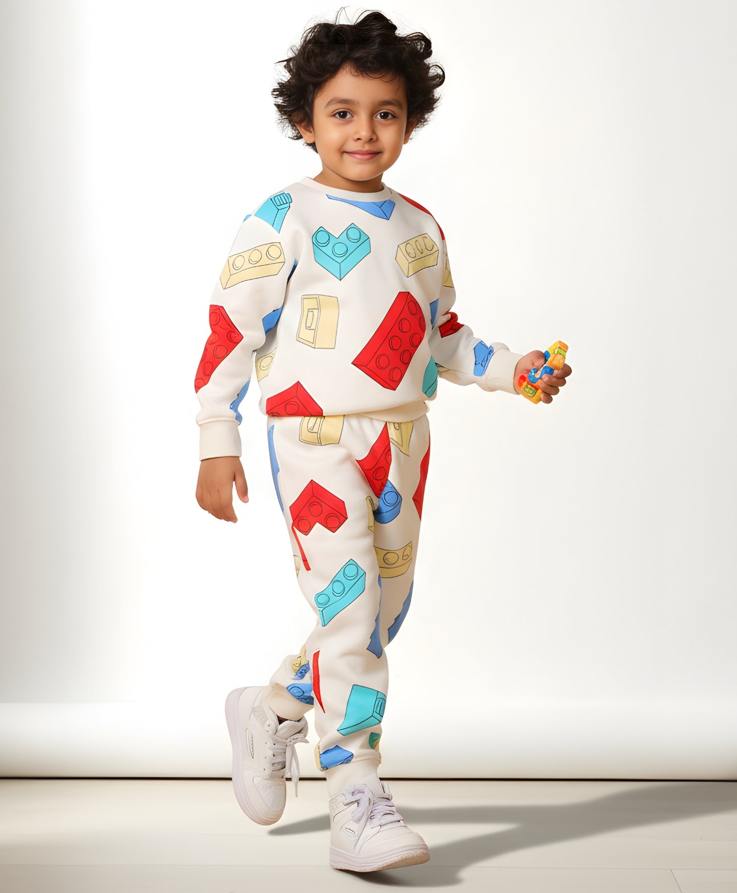 BLOCK BUILDER FLEECE BOYS SWEATSHIRT JOGGER SET - OFF WHITE