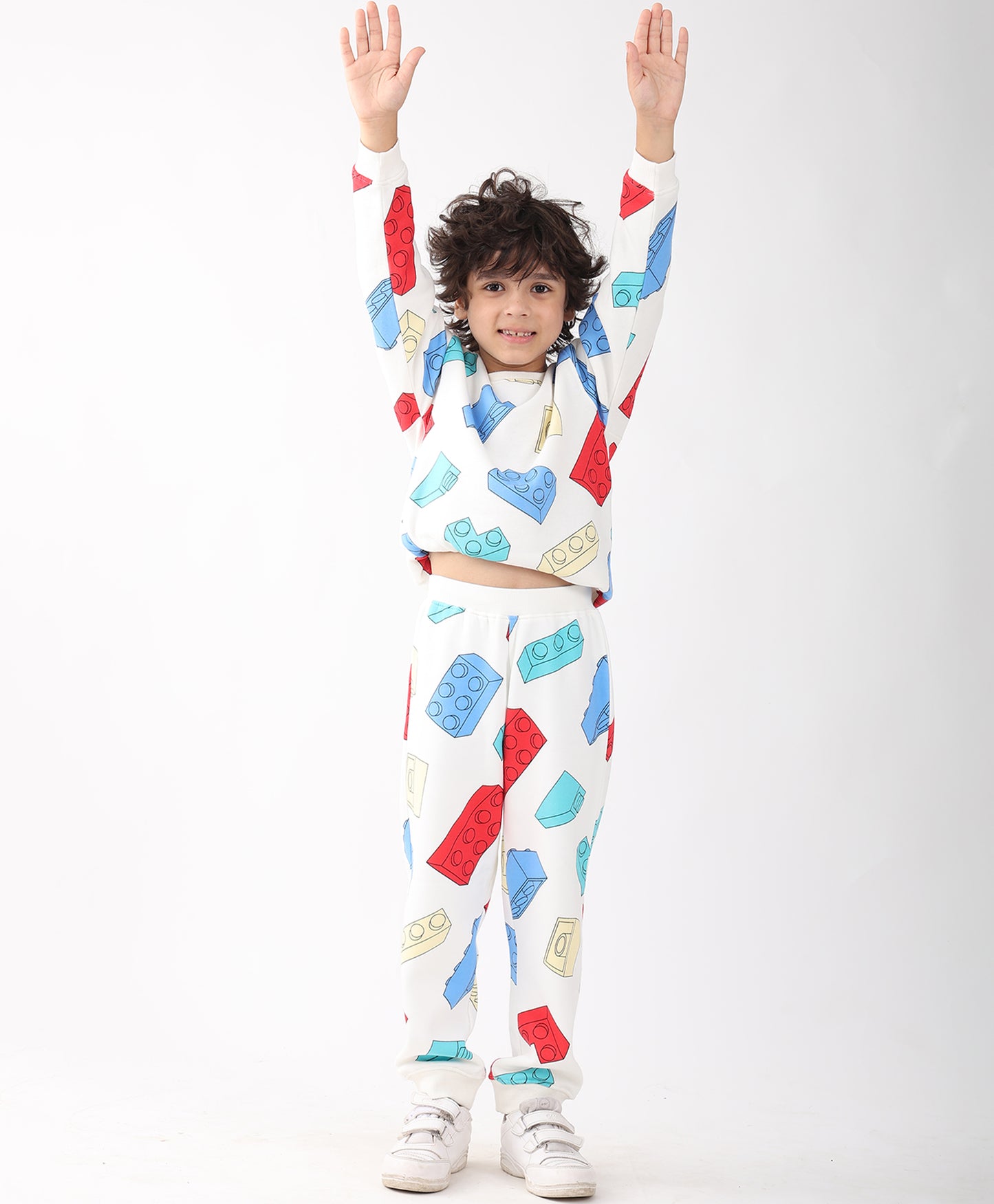 BLOCK BUILDER FLEECE BOYS SWEATSHIRT JOGGER SET - OFF WHITE