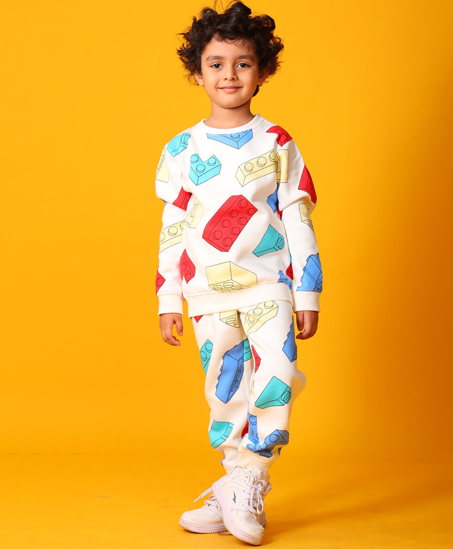 BLOCK BUILDER FLEECE BOYS SWEATSHIRT JOGGER SET - OFF WHITE