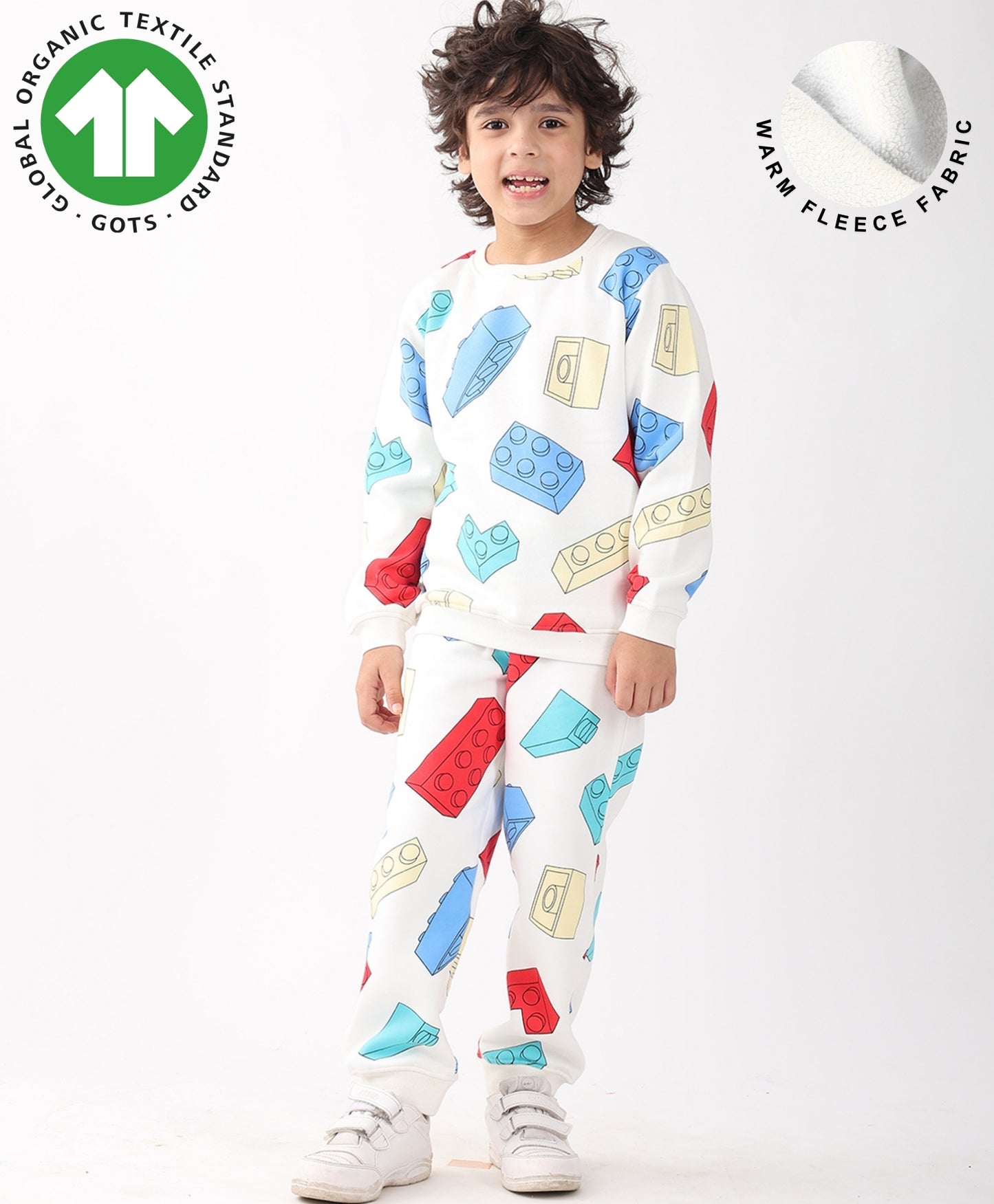 BLOCK BUILDER FLEECE BOYS SWEATSHIRT JOGGER SET - OFF WHITE