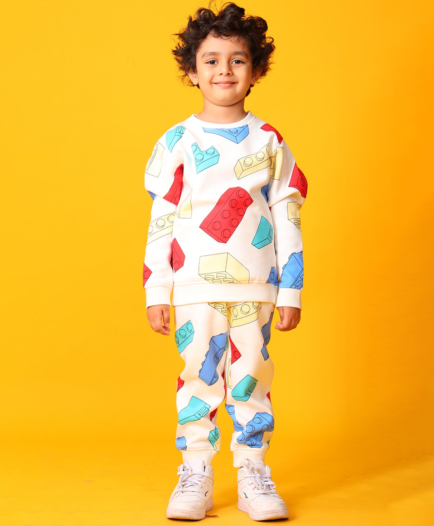 BLOCK BUILDER FLEECE BOYS SWEATSHIRT JOGGER SET - OFF WHITE