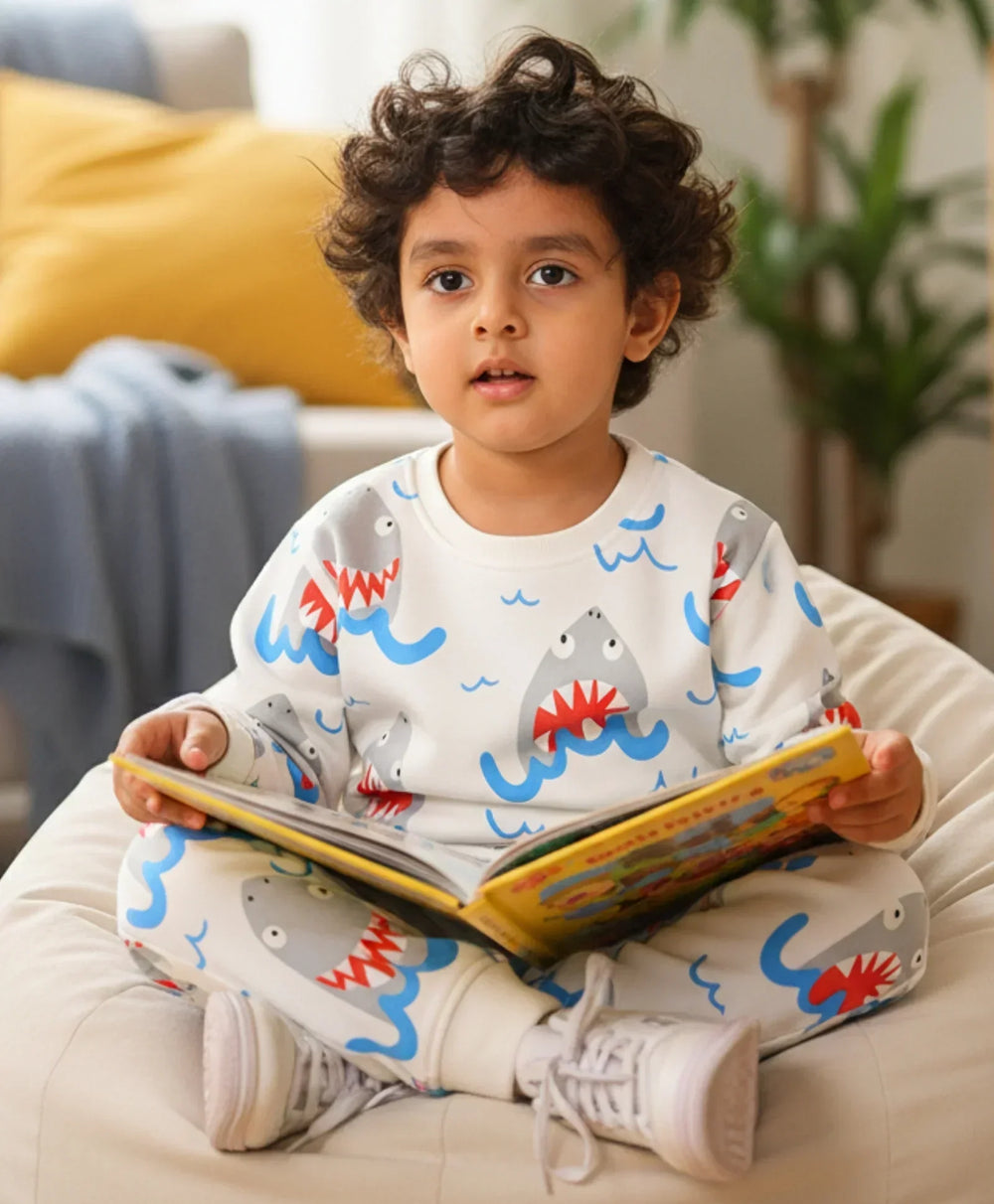 SLEEPY SHARK FLEECE SWEATSHIRT JOGGER SET - OFF WHITE - Anthrilo 