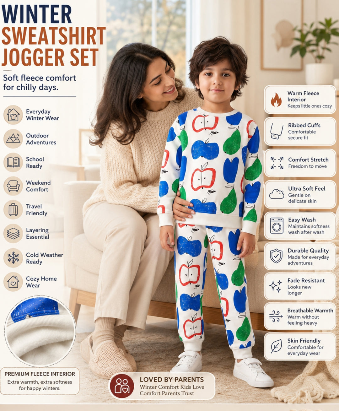APPLE PEAR FLEECE SWEATSHIRT JOGGER SET - WHITE
