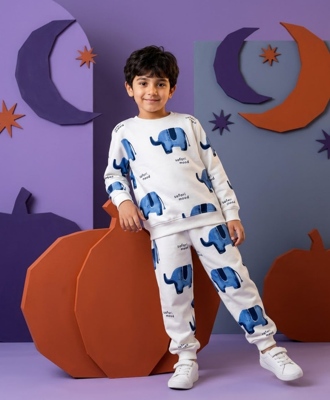 ELEPHANT SAFARI FLEECE SWEATSHIRT JOGGER SET - WHITE