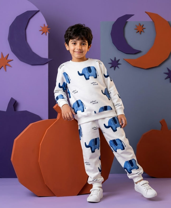 ELEPHANT SAFARI FLEECE SWEATSHIRT JOGGER SET - WHITE