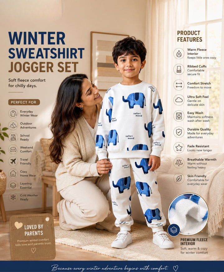 ELEPHANT SAFARI FLEECE SWEATSHIRT JOGGER SET - WHITE