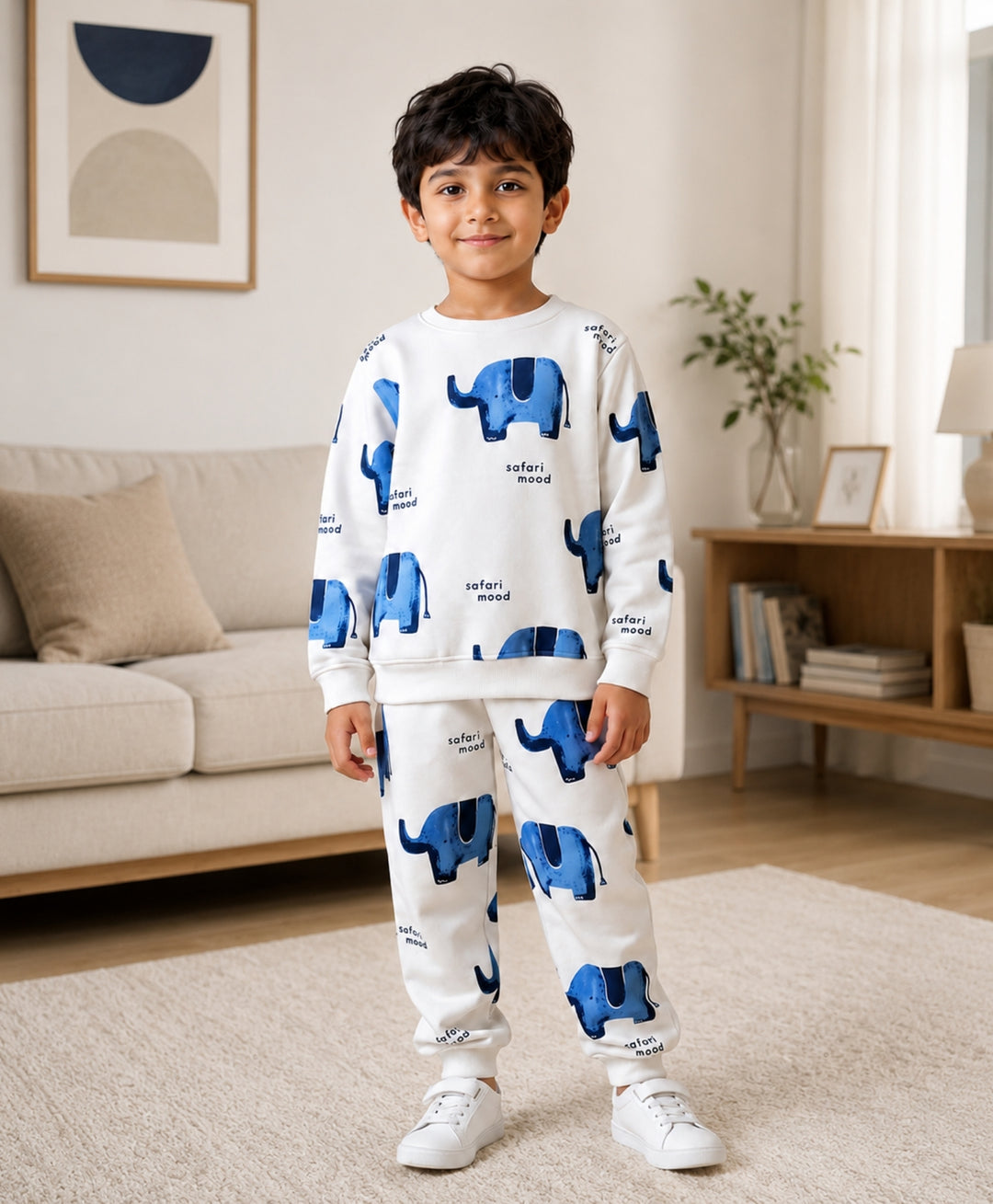 ELEPHANT SAFARI FLEECE SWEATSHIRT JOGGER SET - WHITE