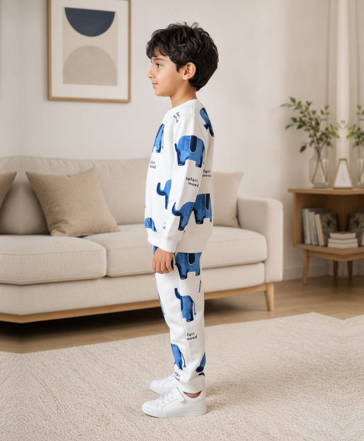 ELEPHANT SAFARI FLEECE SWEATSHIRT JOGGER SET - WHITE