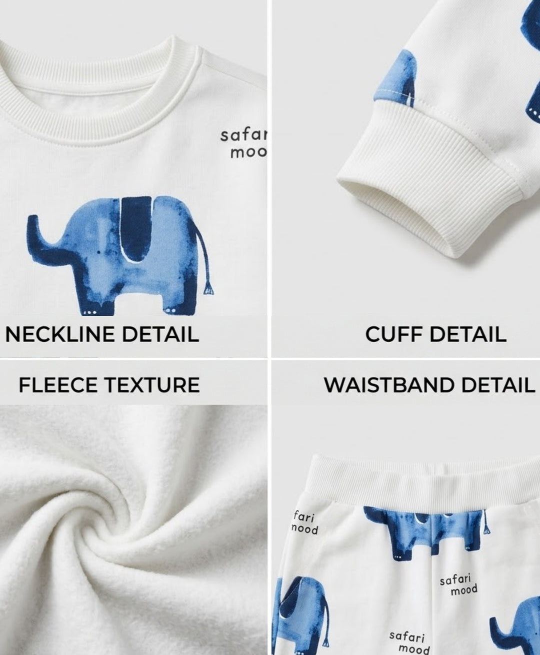 ELEPHANT SAFARI FLEECE SWEATSHIRT JOGGER SET - WHITE
