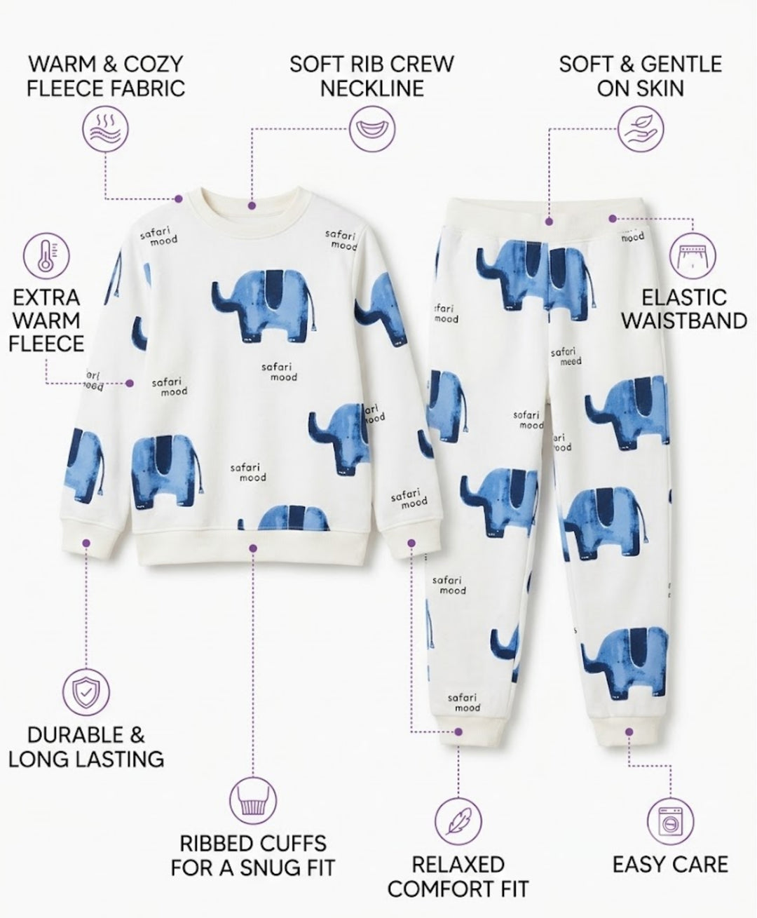 ELEPHANT SAFARI FLEECE SWEATSHIRT JOGGER SET - WHITE