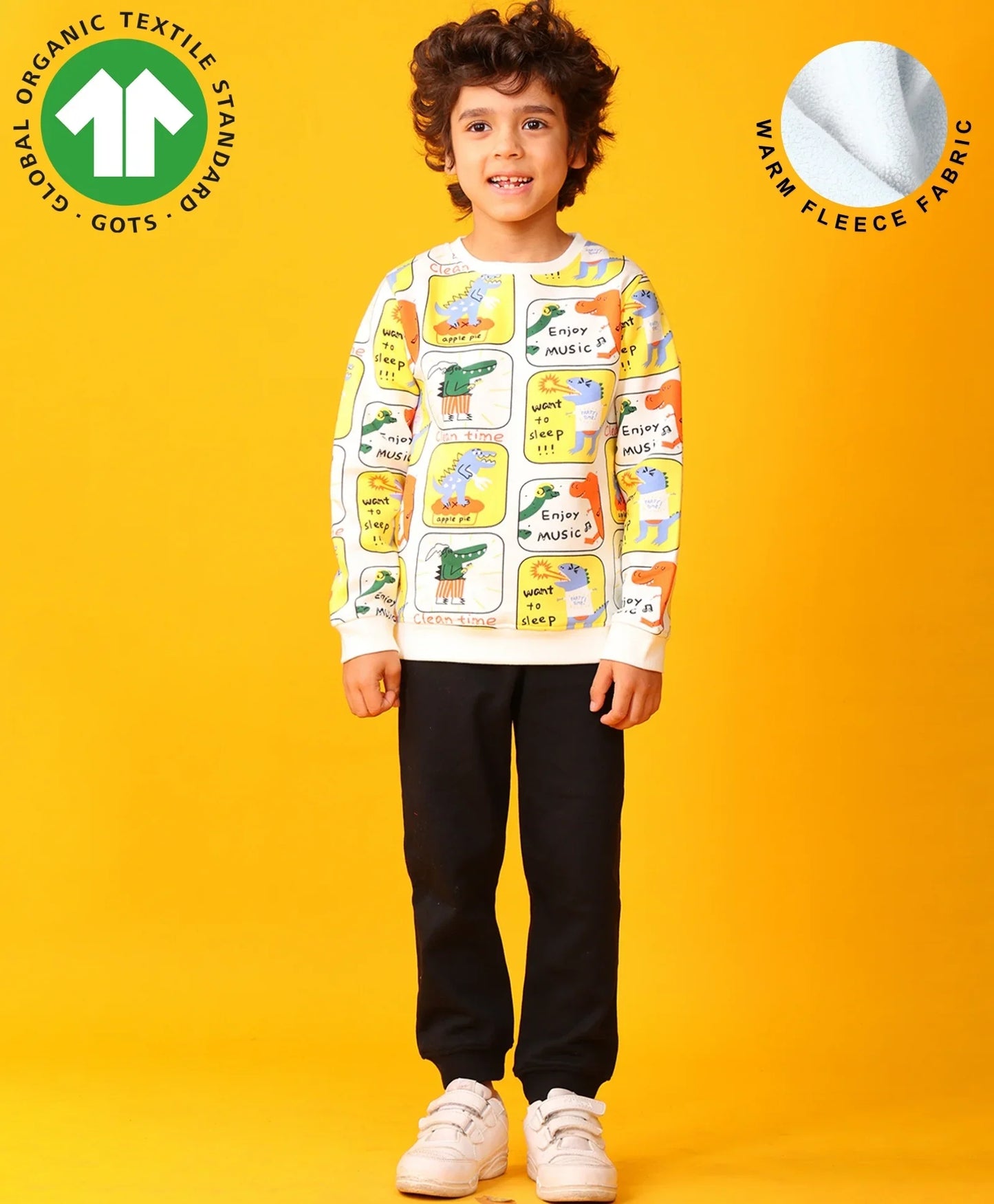 DINOSAUR STAMP FLEECE SWEATSHIRT BLACK JOGGER SET - OFF WHITE/BLACK