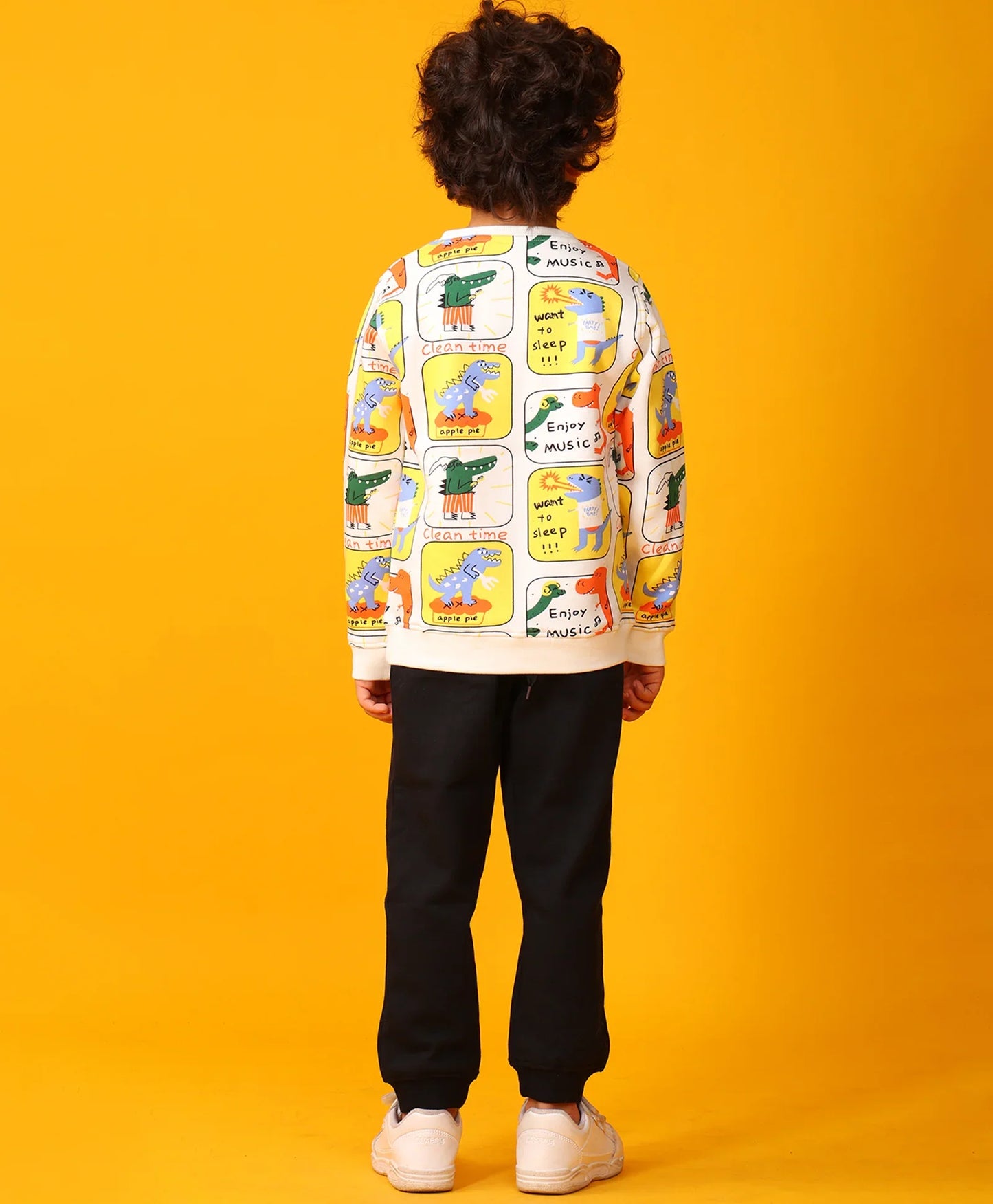 DINOSAUR STAMP FLEECE SWEATSHIRT BLACK JOGGER SET - OFF WHITE/BLACK