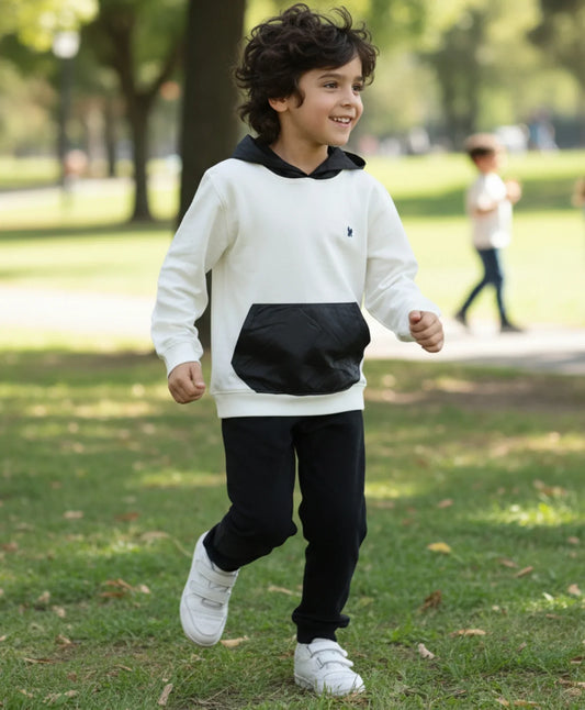 WHITE TAFETTA POCKET HOODIE BLACK JOGGER SET - WHITE/BLACK