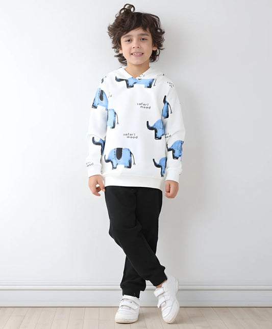ELEPHANT SAFARI FLEECE HOODIE BLACK JOGGER SET - WHITE/BLACK