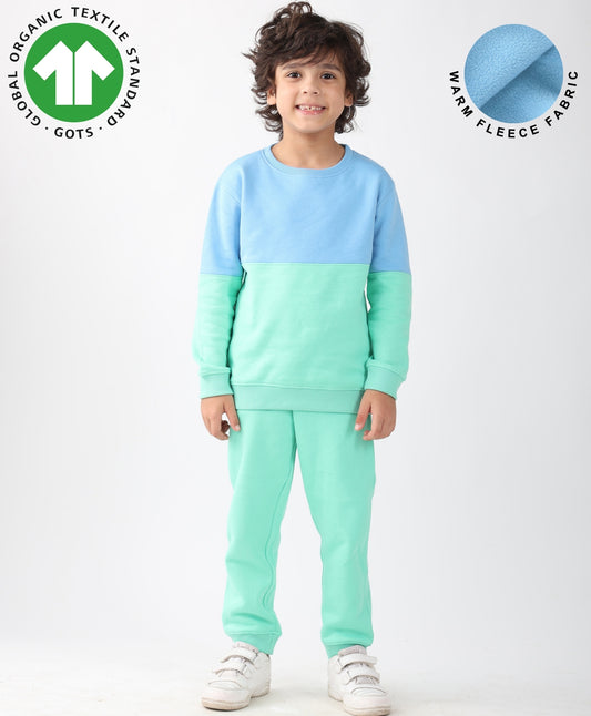 BLUE GREEN COLOR BLOCK FLEECE SWEATSHIRT JOGGER SET - BLUE/GREEN