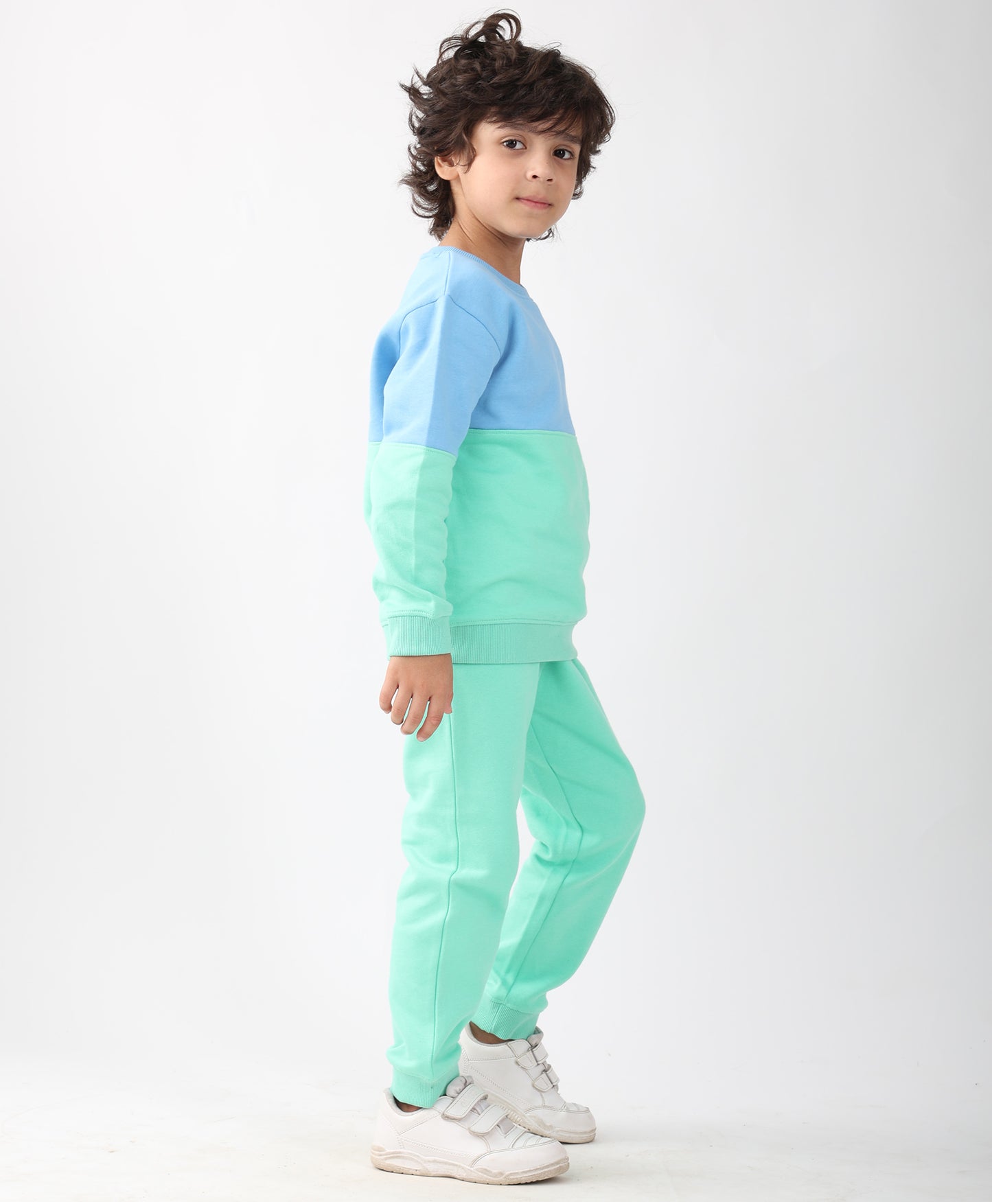 BLUE GREEN COLOR BLOCK FLEECE SWEATSHIRT JOGGER SET - BLUE/GREEN