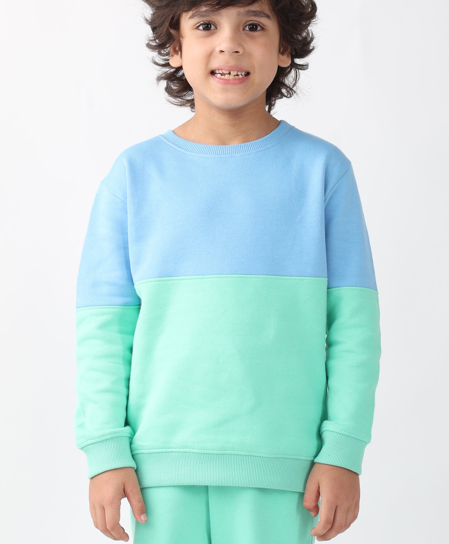 BLUE GREEN COLOR BLOCK FLEECE SWEATSHIRT JOGGER SET - BLUE/GREEN