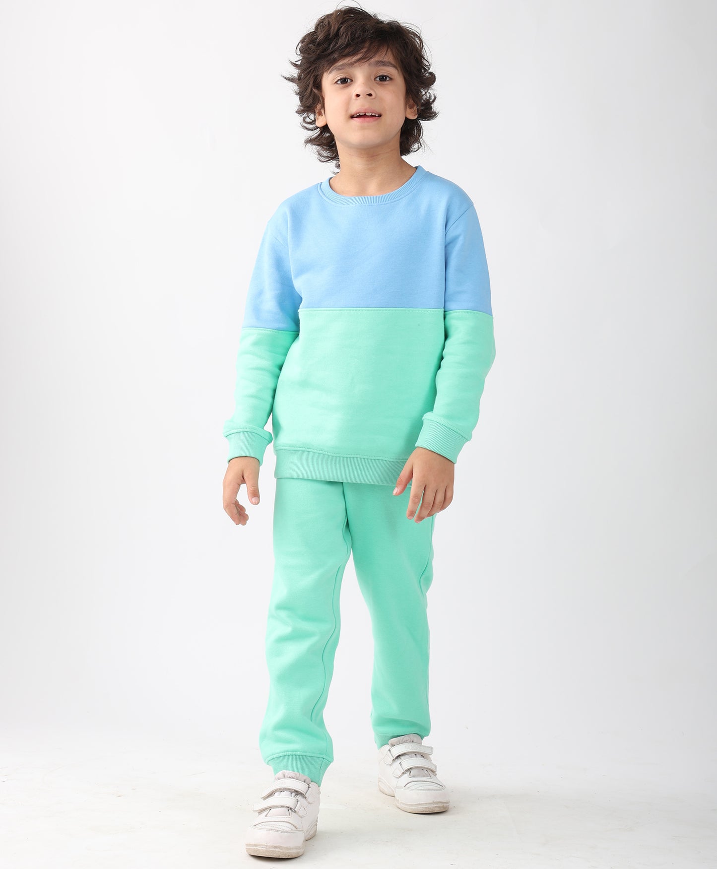 BLUE GREEN COLOR BLOCK FLEECE SWEATSHIRT JOGGER SET - BLUE/GREEN
