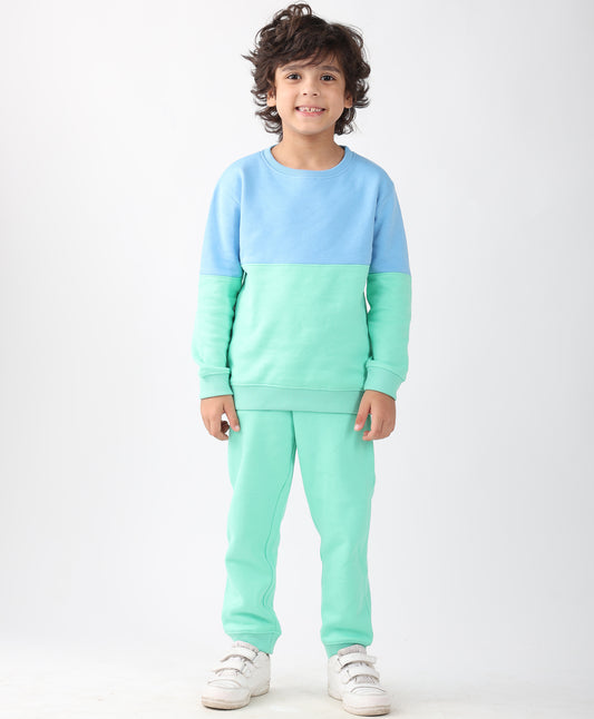 BLUE GREEN COLOR BLOCK FLEECE SWEATSHIRT JOGGER SET - BLUE/GREEN