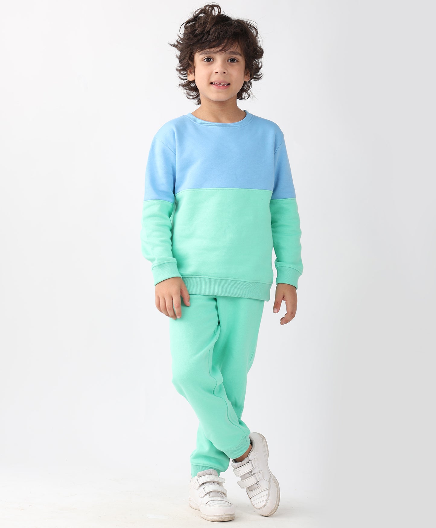 BLUE GREEN COLOR BLOCK FLEECE SWEATSHIRT JOGGER SET - BLUE/GREEN