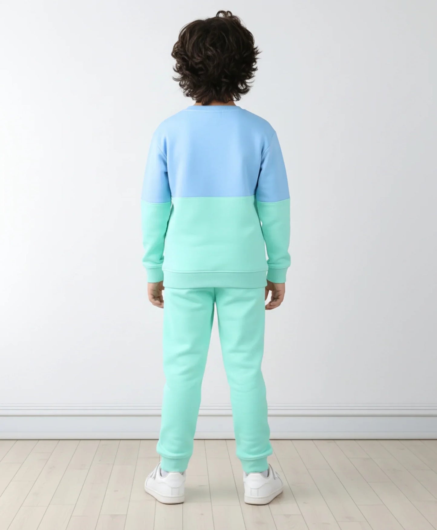BLUE GREEN COLOR BLOCK FLEECE SWEATSHIRT JOGGER SET - BLUE/GREEN